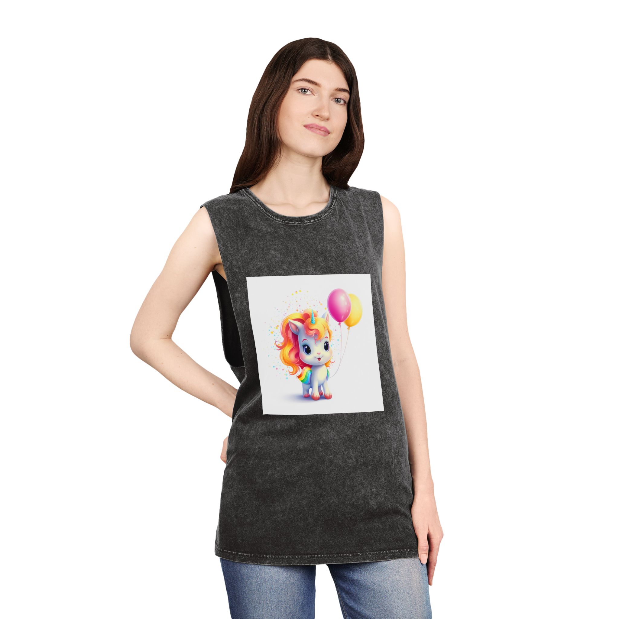 Cartoon Unicorn With Rainbow Mane Balloon Generative Ai (1) Unisex Stonewash Tank Top - Image 4