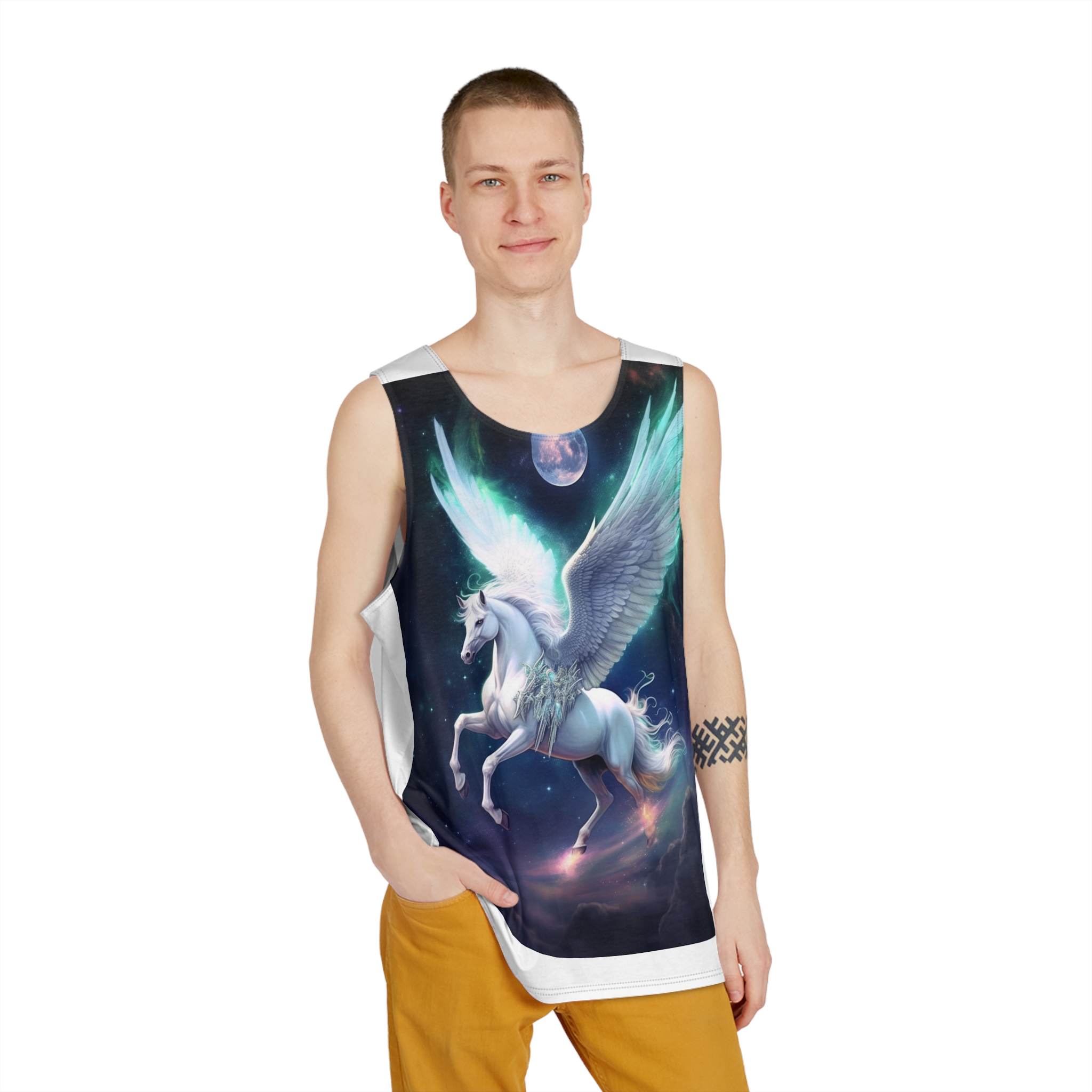 Unicorn With Wings Flying Sky With Full Moon Background Generative Ai Mens Tank Aop - Image 3