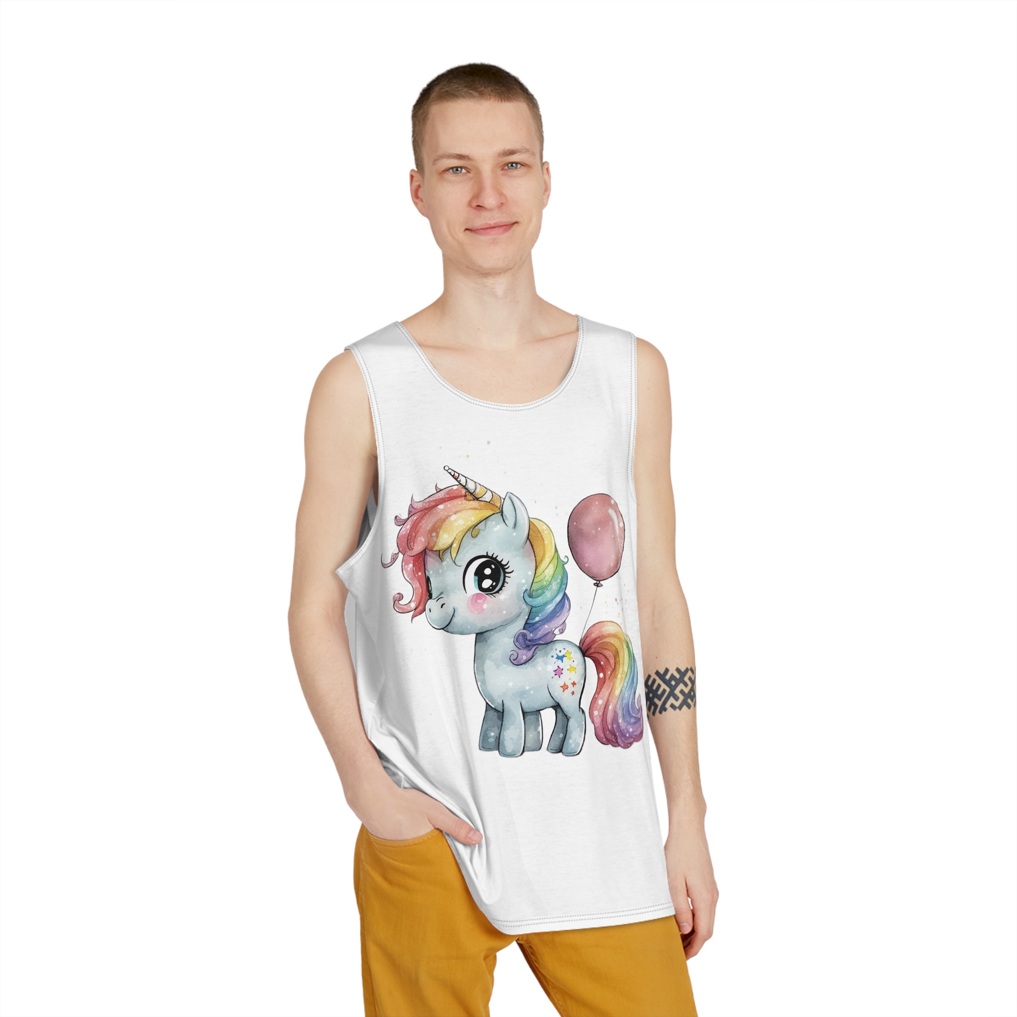There Is Watercolor Painting Unicorn With Balloon Generative Ai Mens Tank Aop - Image 3