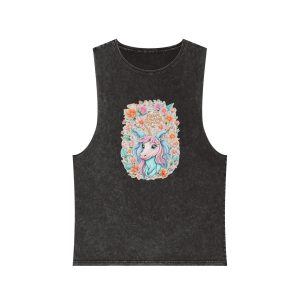 Beautiful Cute Unicorn With Colorful Fantasy Flowers (1) Unisex Stonewash Tank Top
