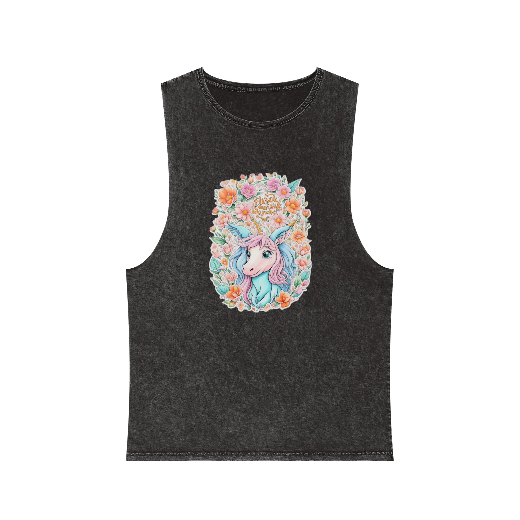 Beautiful Cute Unicorn With Colorful Fantasy Flowers (1) Unisex Stonewash Tank Top
