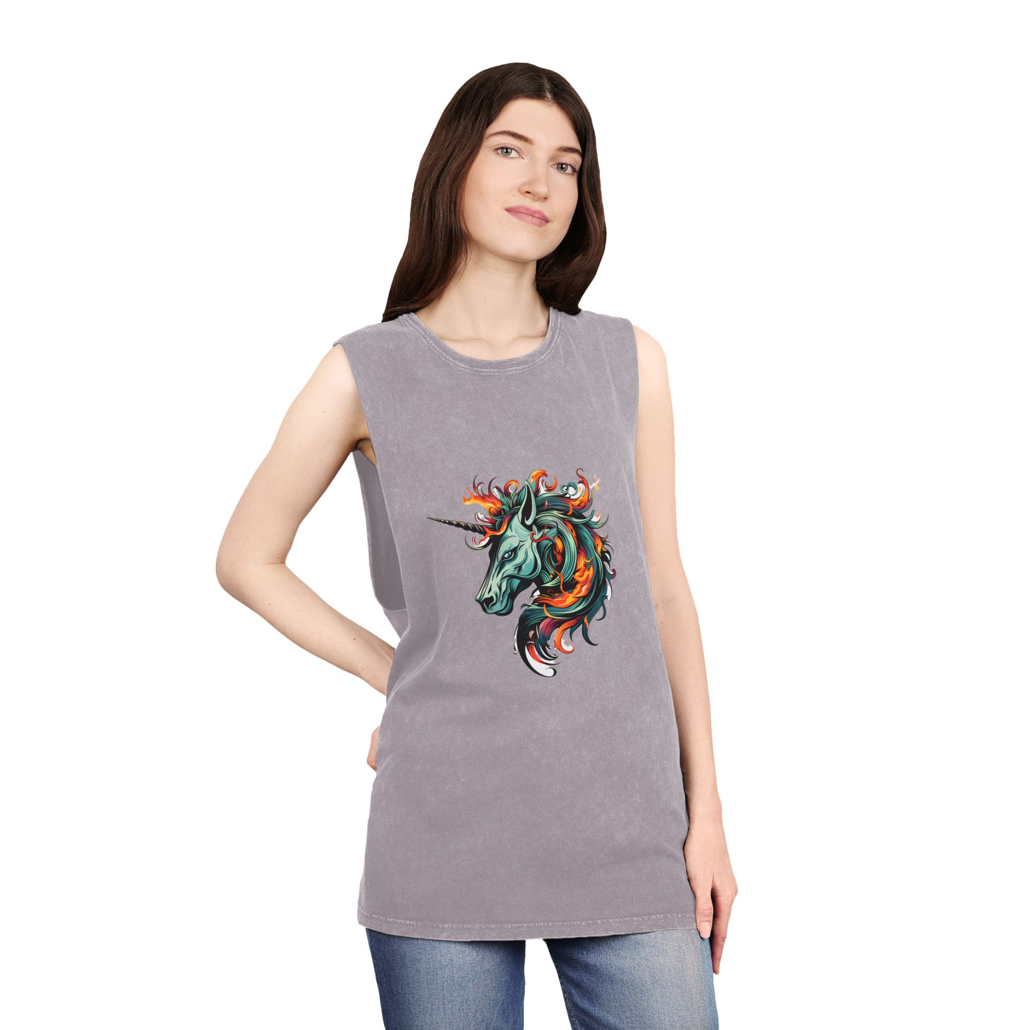 Unicorn Head Tshirt Tattoo Design Dark Art Illustration Isolated White (1) Unisex Stonewash Tank Top - Image 20