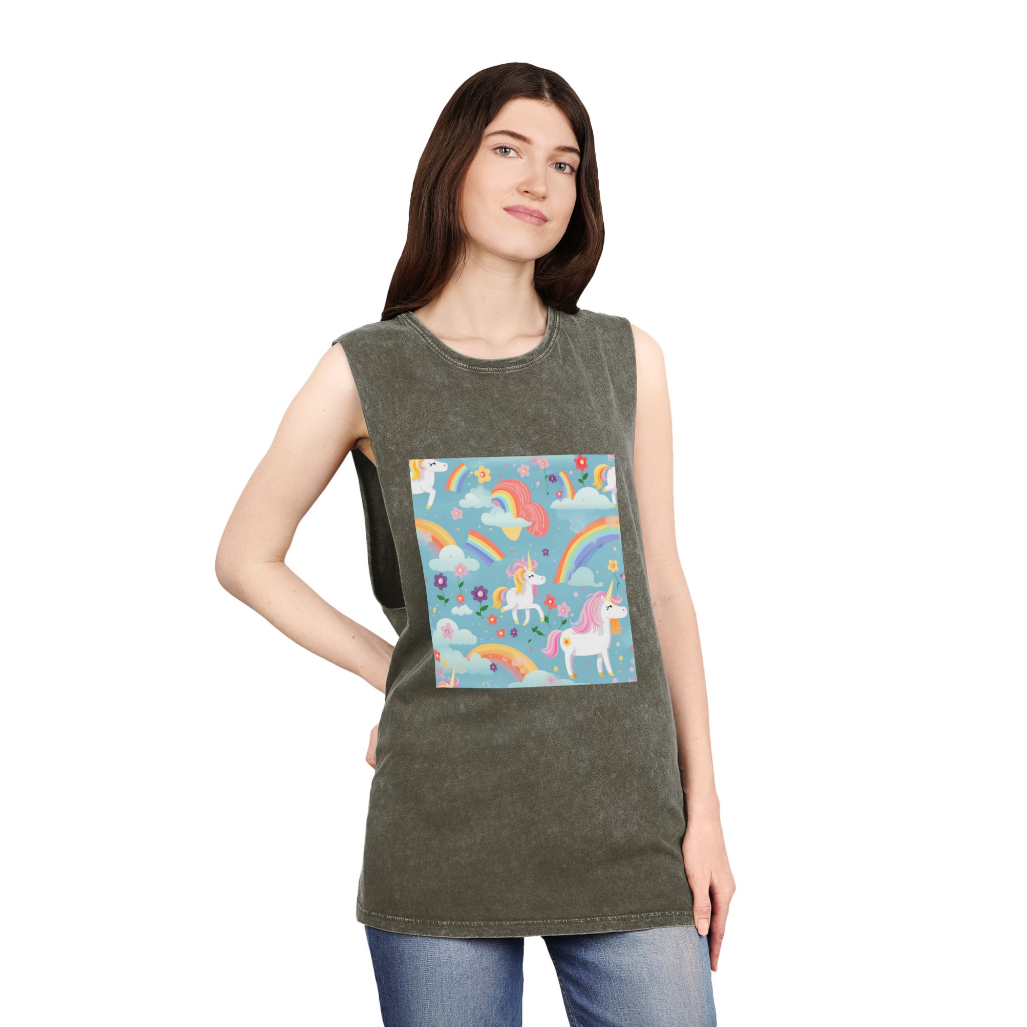 Playful Unicorns Among Flowers Clouds Rainbows Ice Creams Pastel Background (9) Unisex Stonewash Tank Top - Image 8