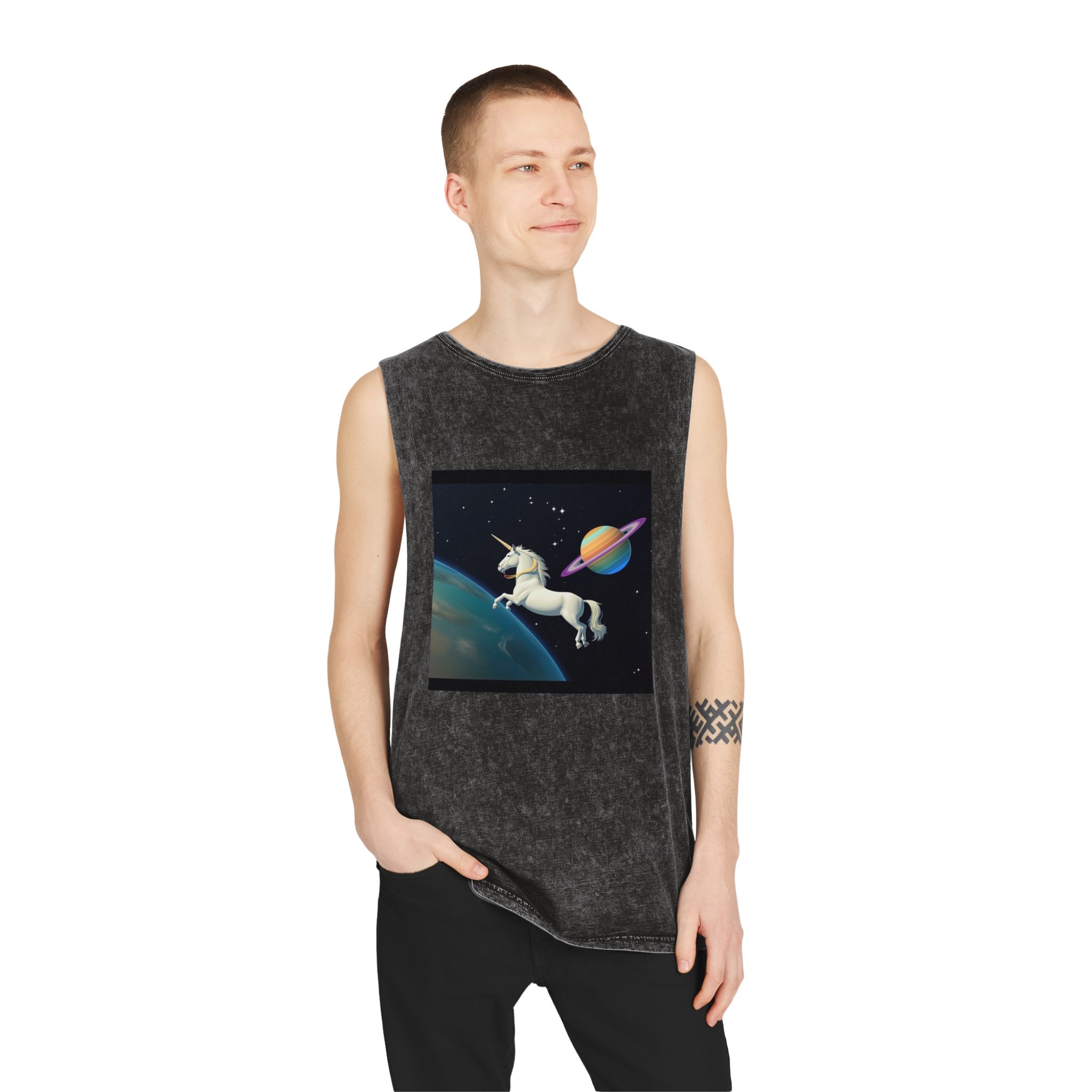 Picture White Unicorn With Rainbow It Unisex Stonewash Tank Top - Image 3