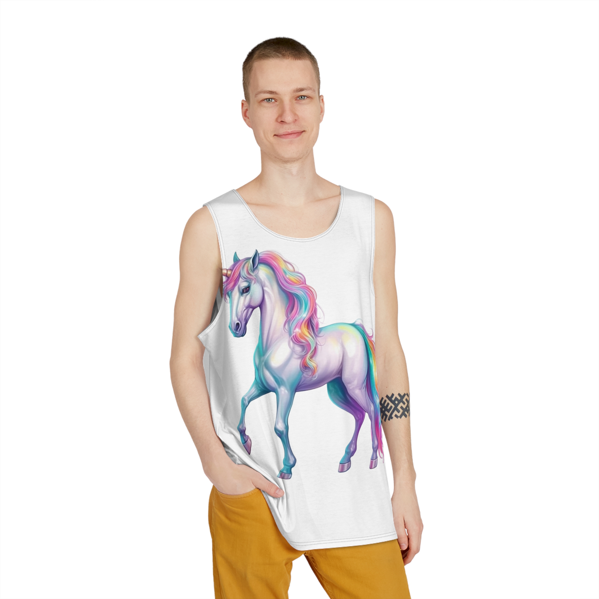 White Unicorn With Rainbow Mane Long Mane Generative Ai Fotor Bg Remover 20231203171019 Mens Tank Aop - Image 3