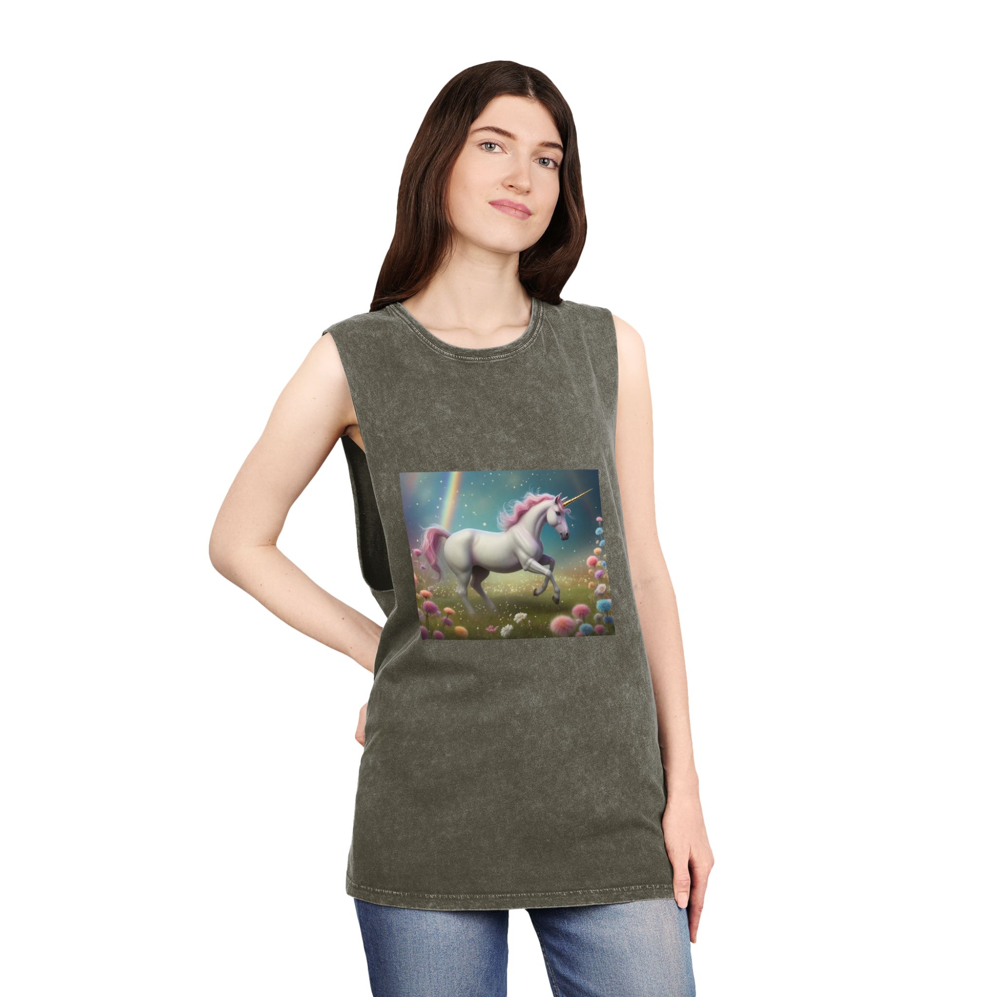 Beautiful Unicorn Running Magical Meadow Unicorn Background Images Whimsical Unicorn (15) Unisex Stonewash Tank Top - Image 8