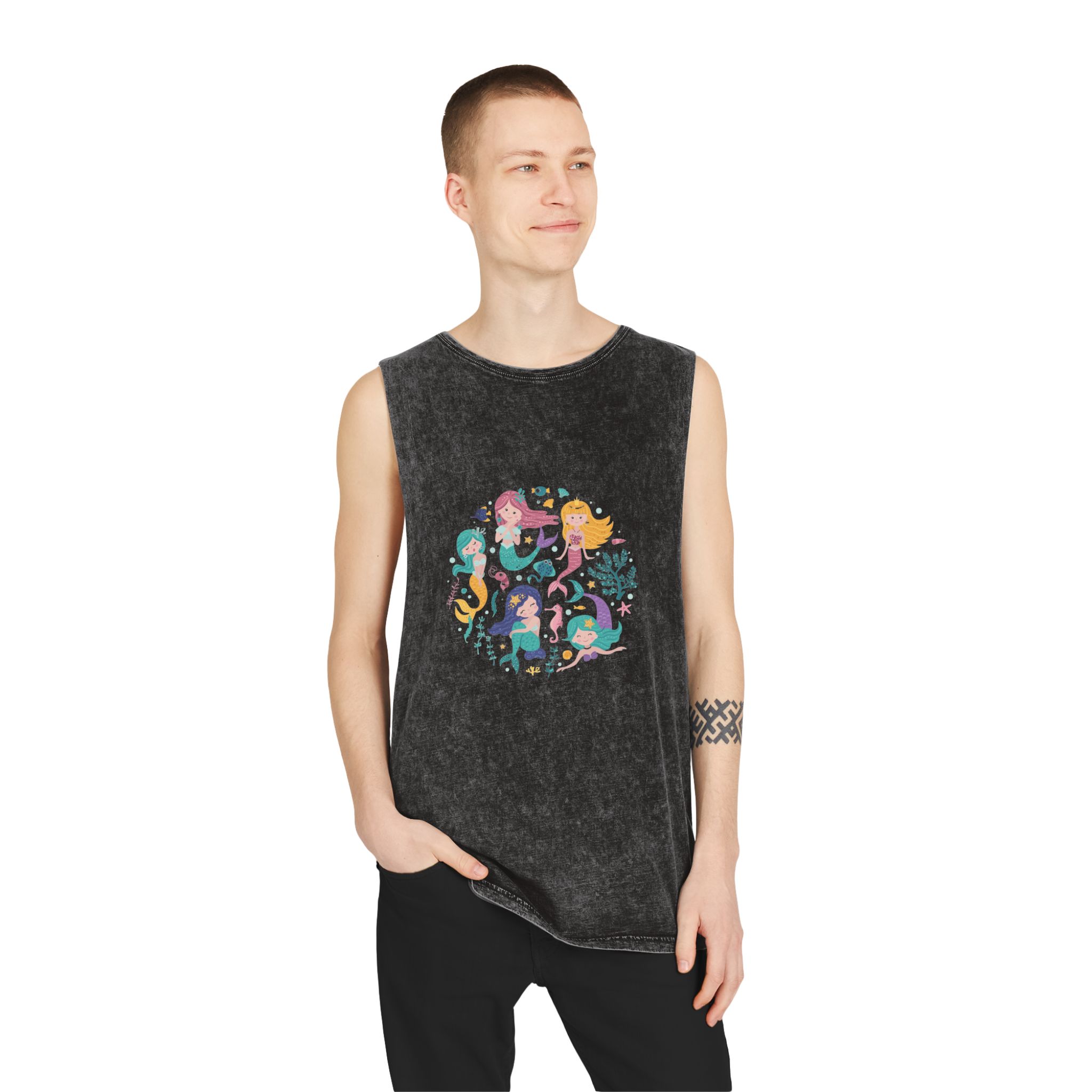 Poster With Mermaids Sea Animals Unisex Stonewash Tank Top - Image 3