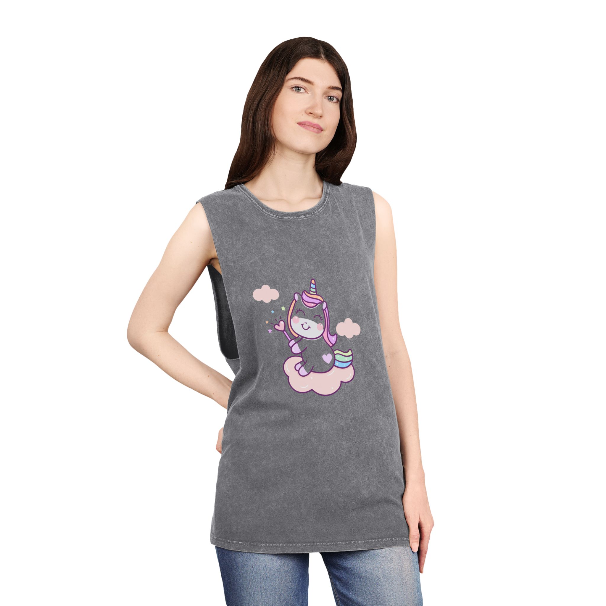 Cute Unicorn Vector Holding Heart Wand Cloud Unisex Stonewash Tank Top - Image 12