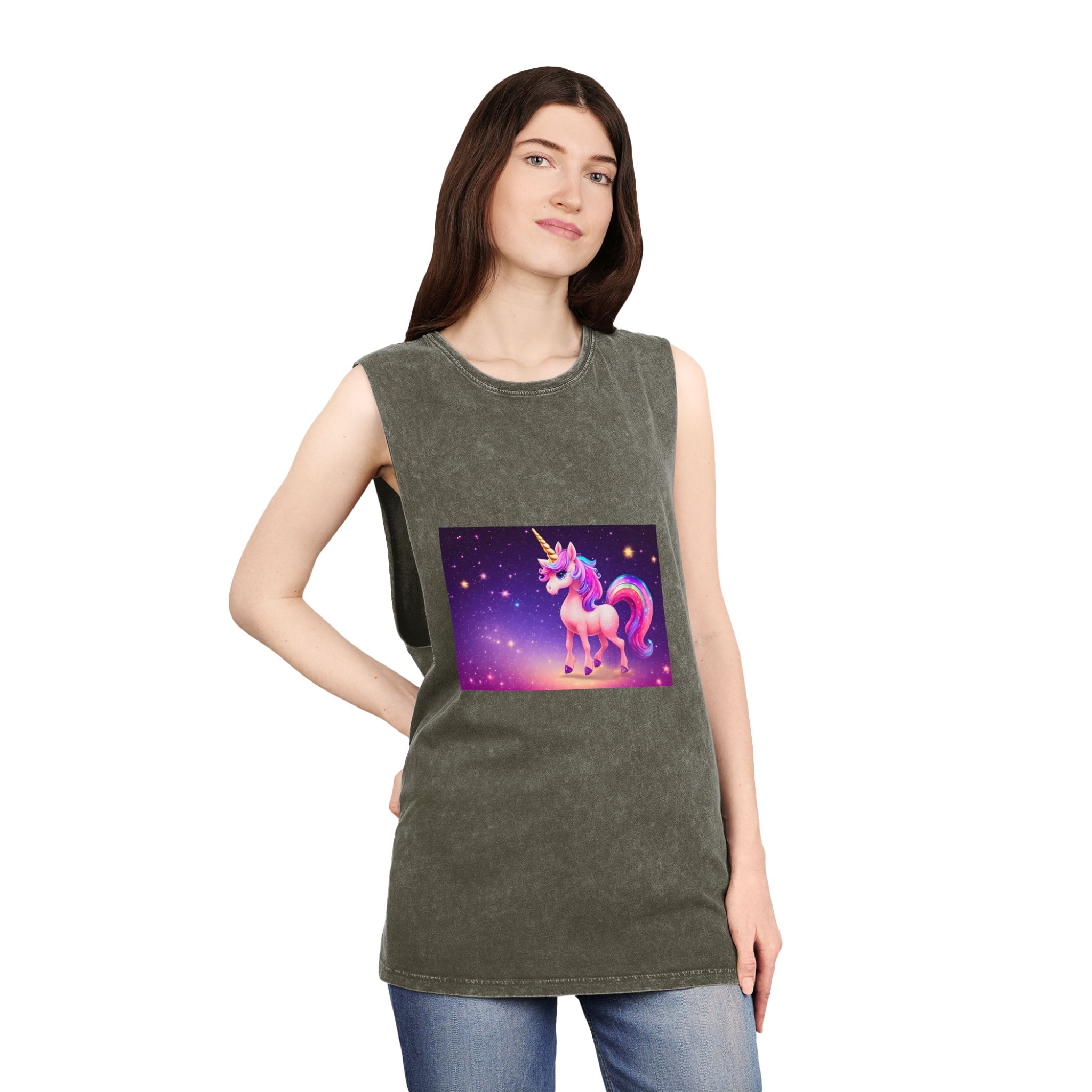 Cute Colorful Magical Adorable Kawaii Unicorn Sparles Violet Background Unisex Stonewash Tank Top - Image 8