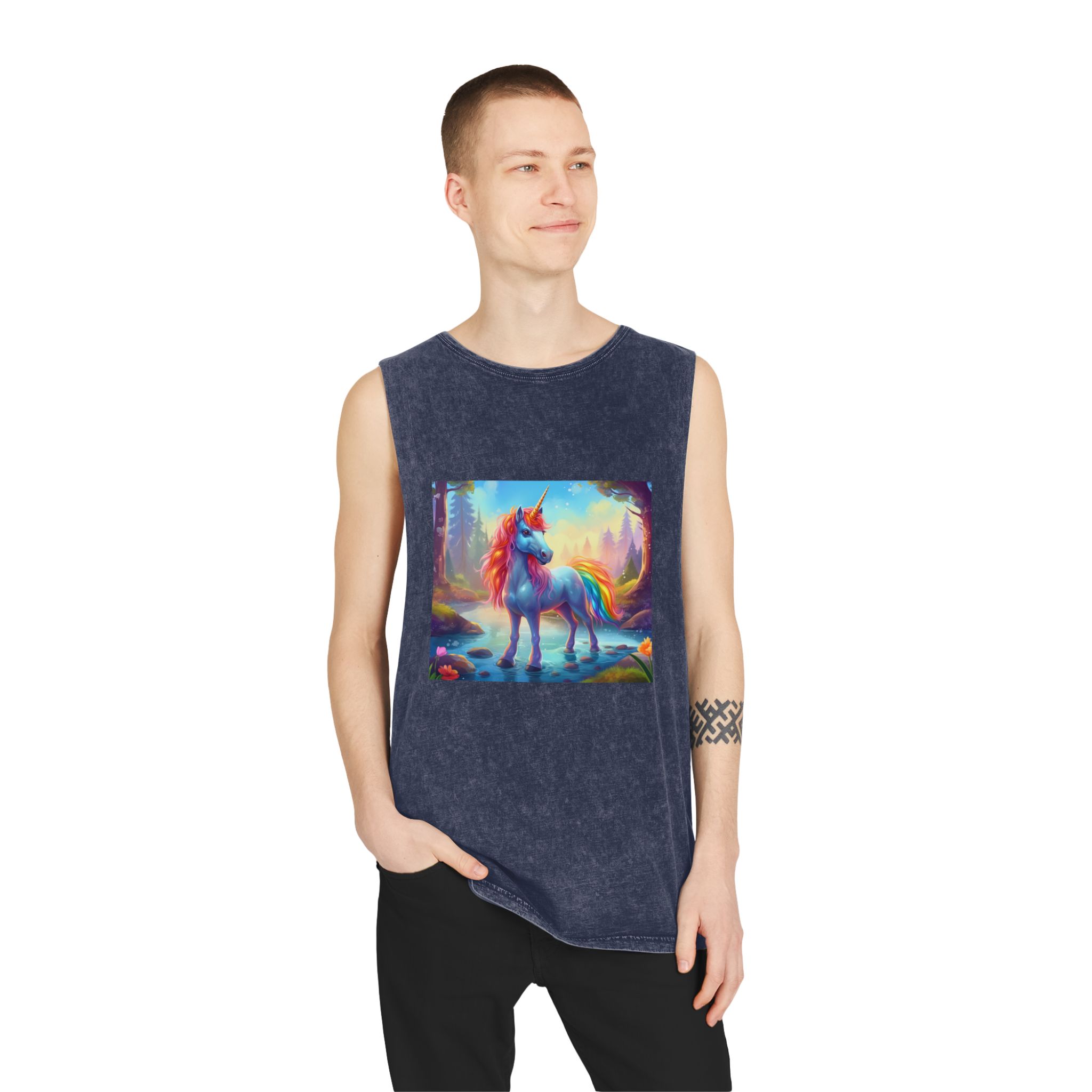 Unicorn Standing Stream Water Forest Generative Ai Unisex Stonewash Tank Top - Image 15