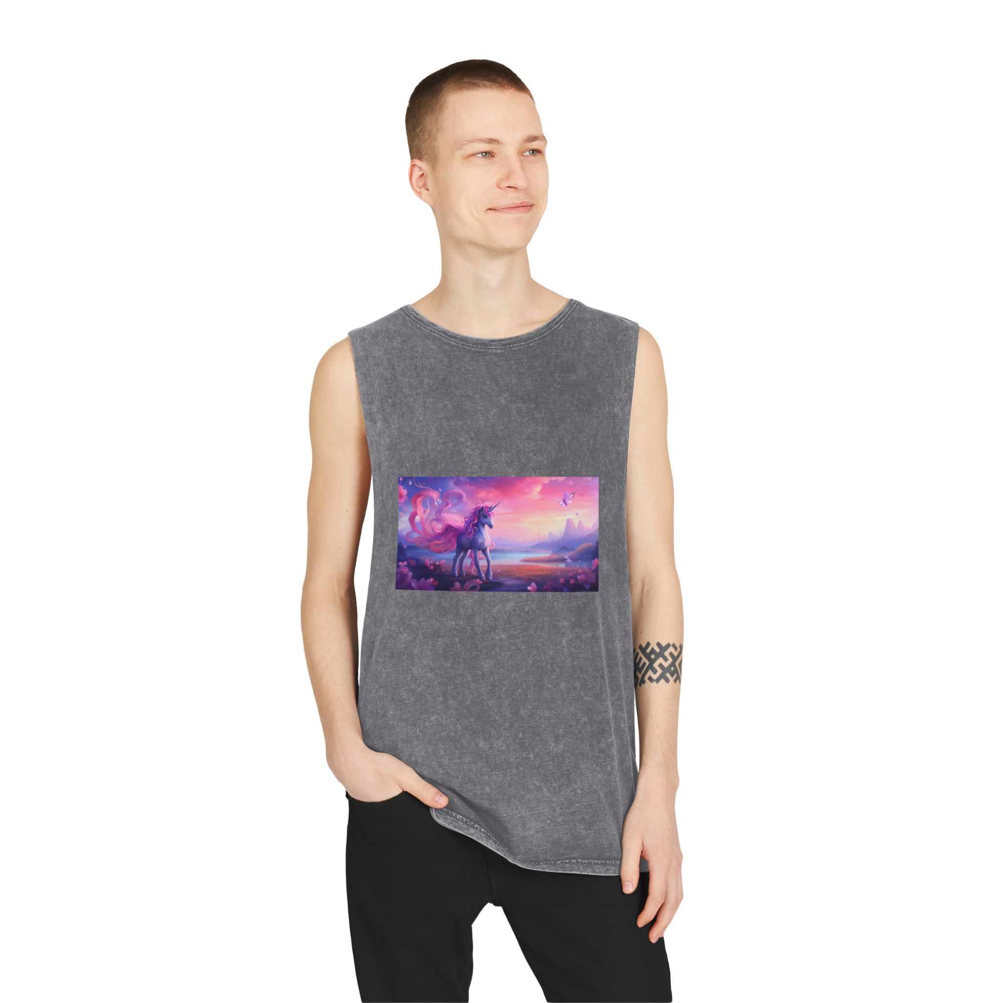 Unicorn Standing Field Flowers With Butterflies Flying Around Generative Ai Unisex Stonewash Tank Top - Image 11
