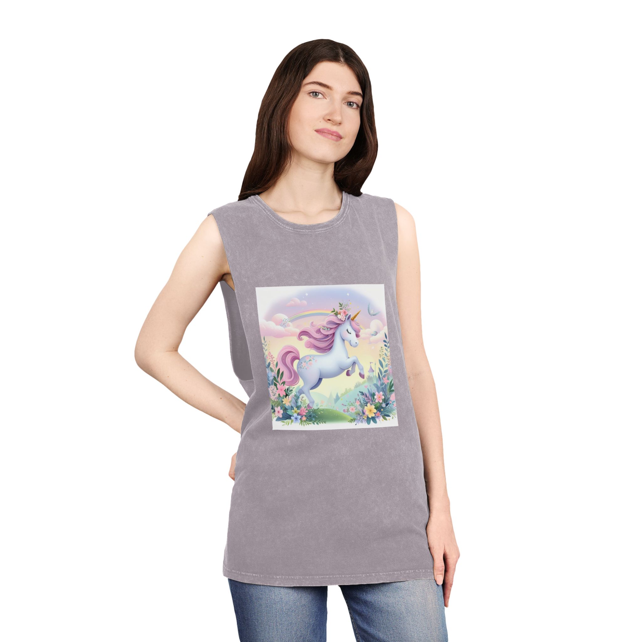 Beautiful Unicorn Running Magical Meadow Unicorn Background Images Whimsical Unicorn (11) Unisex Stonewash Tank Top - Image 20