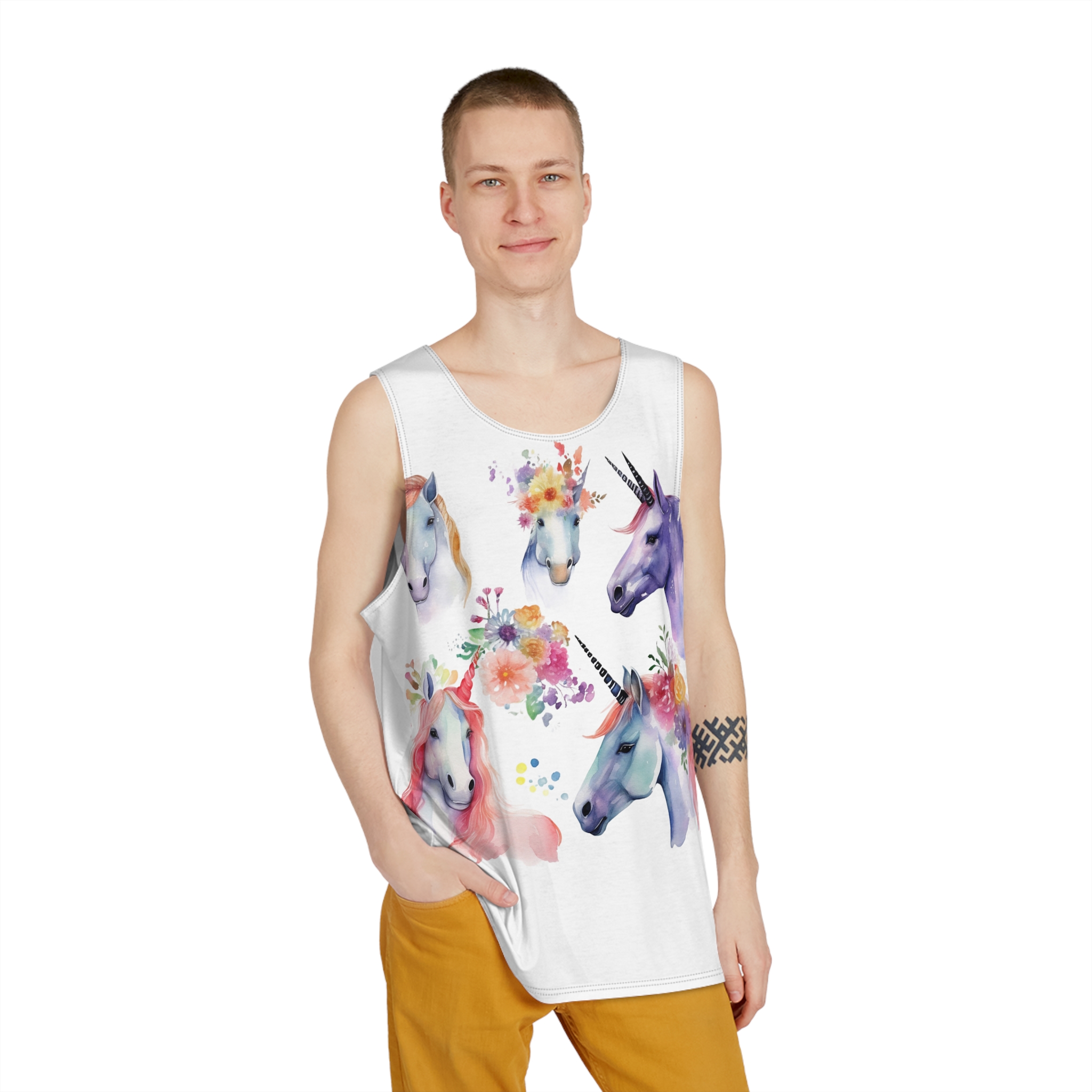 There Are Four Unicorns With Flowers Their Heads Generative Ai Mens Tank Aop - Image 3