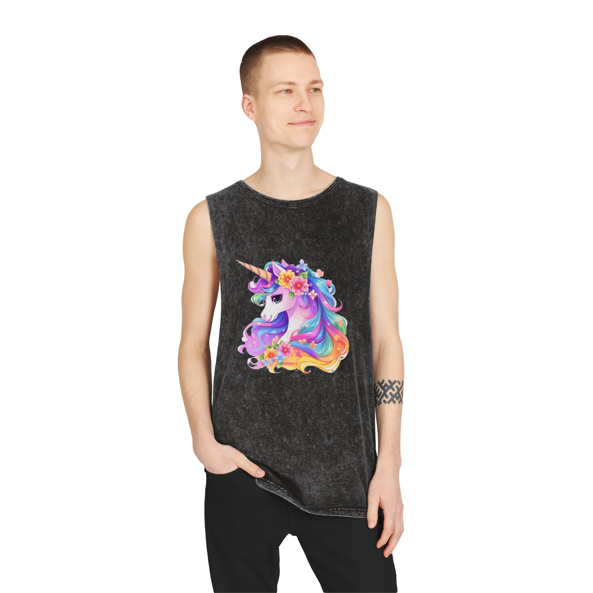 Cartoon Unicorn With Flower Crown Its Head Generative Ai Unisex Stonewash Tank Top - Image 3