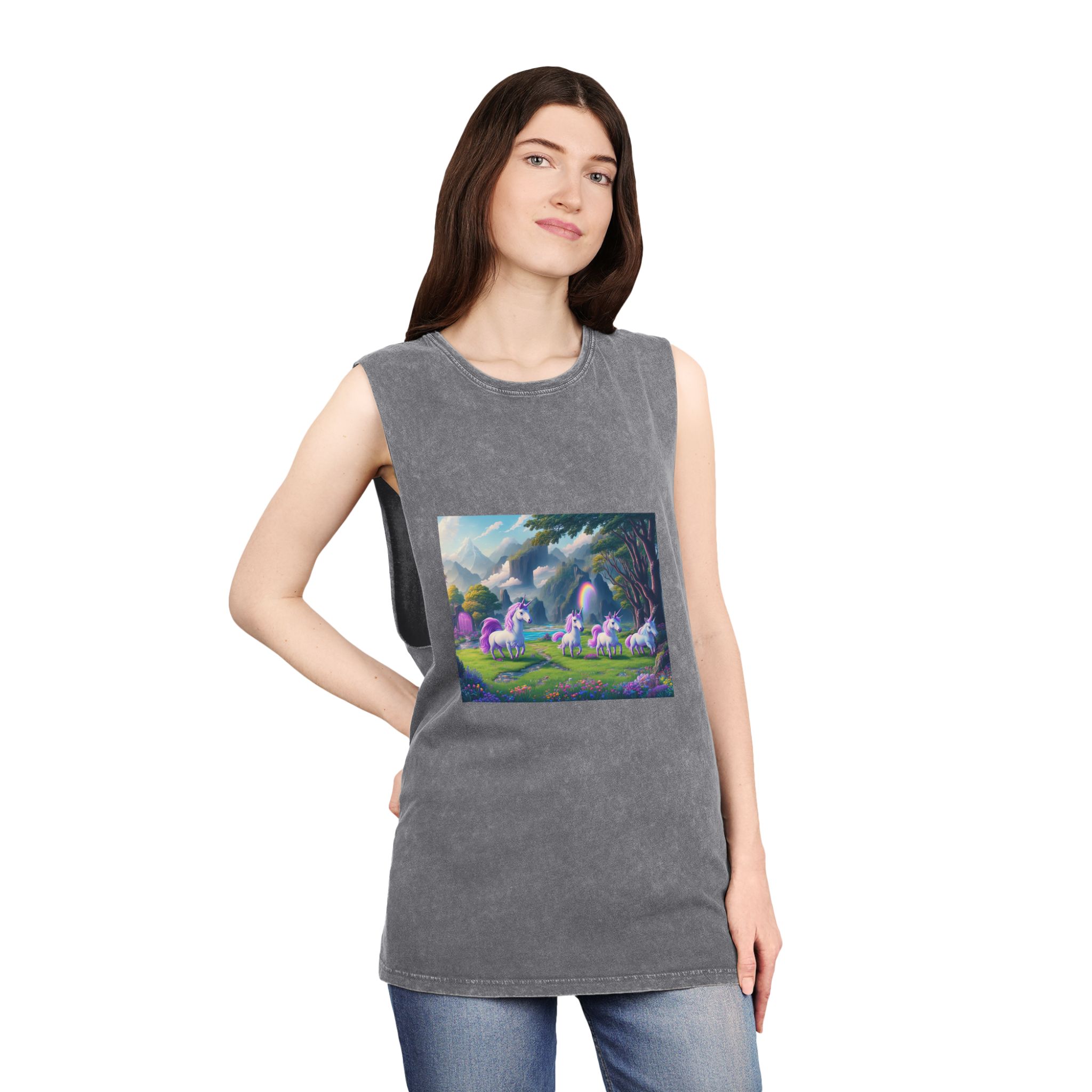 Painting Group Unicorns Landscape With Mountains Background Unisex Stonewash Tank Top - Image 12