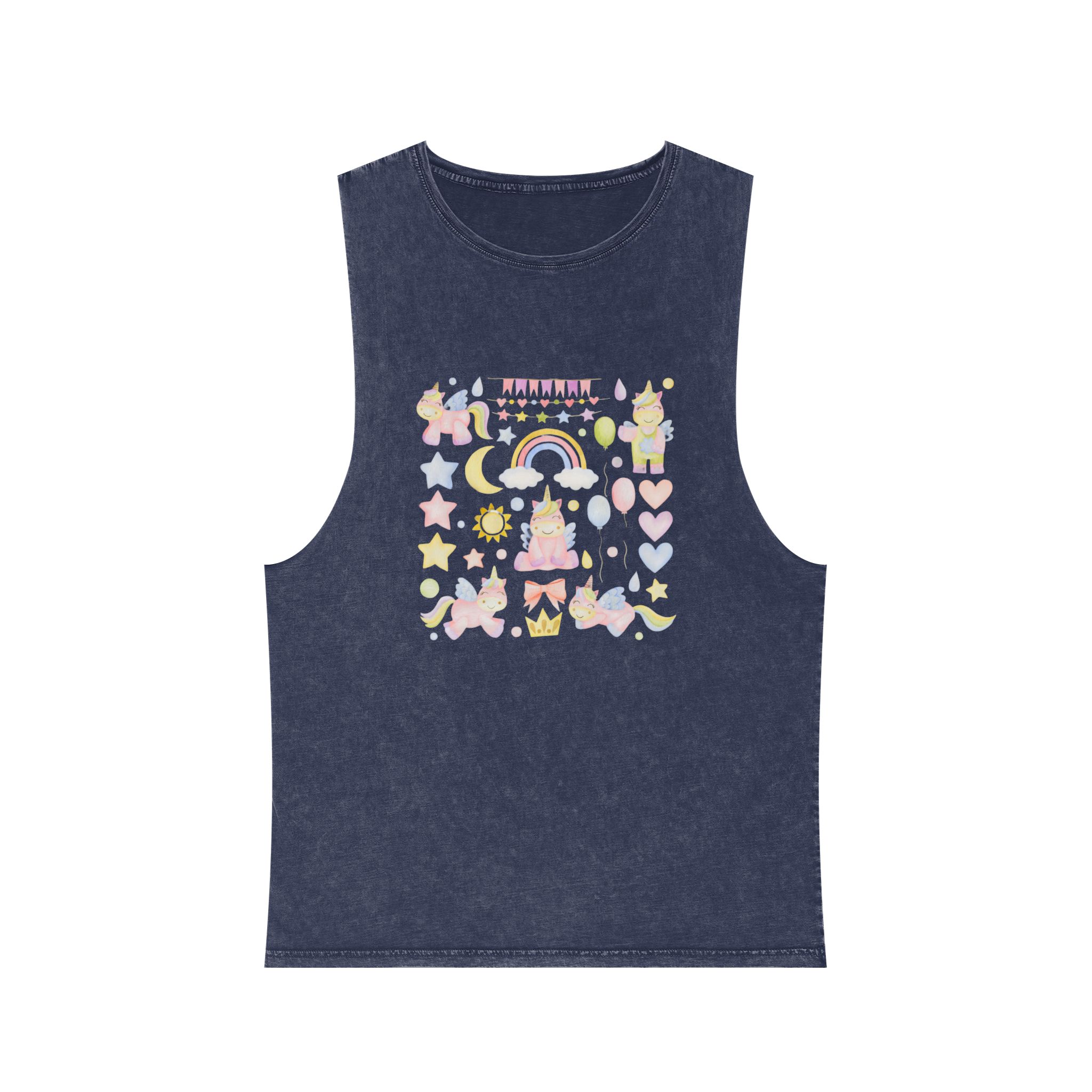 Set Watercolor Illustrations Unicorns Happy Birthday Stickers Unisex Stonewash Tank Top - Image 13