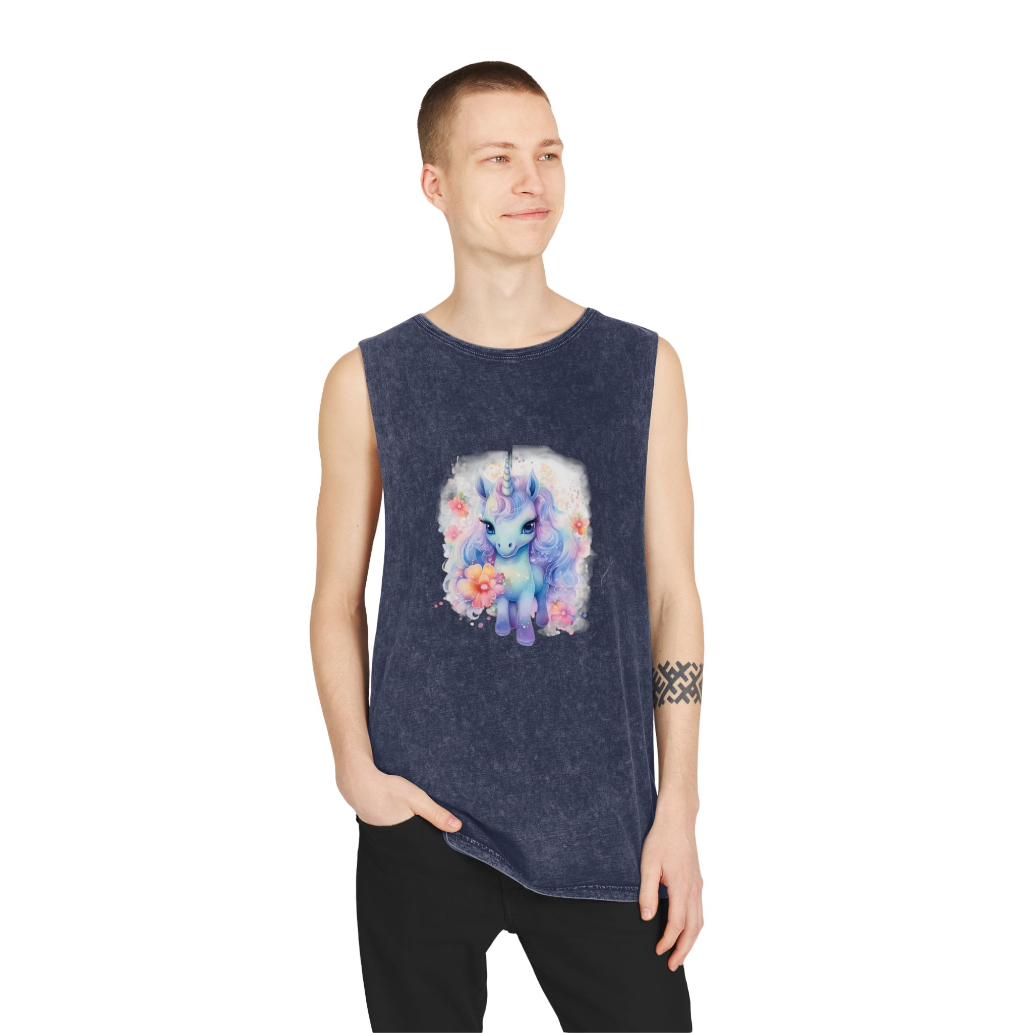 Cute Colorful Magic Unicorn With Flowers Watercolor Style Copia Unisex Stonewash Tank Top - Image 15