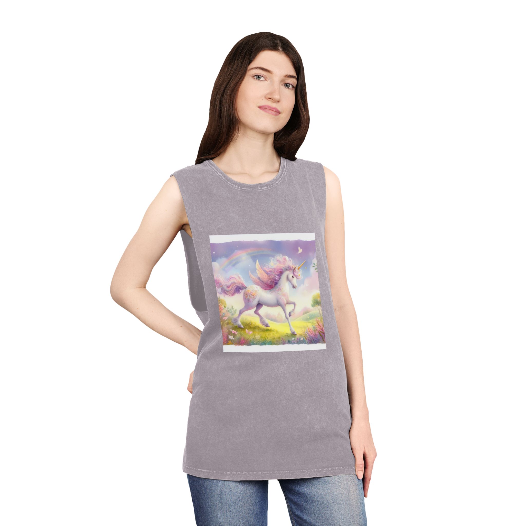 Beautiful Unicorn Running Magical Meadow Unicorn Background Images Whimsical Unicorn (10) Unisex Stonewash Tank Top - Image 20
