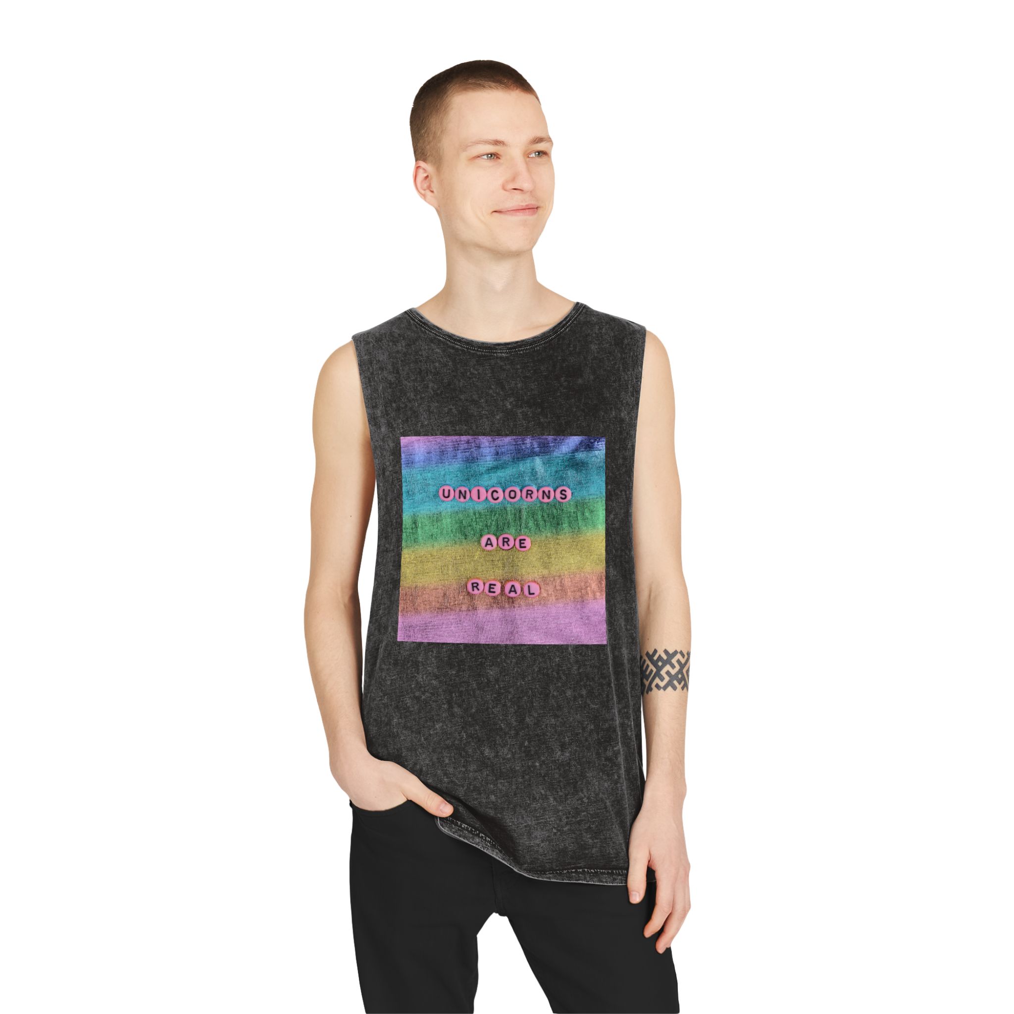 Pink Unicorns Are Real Beads Message Typography Unisex Stonewash Tank Top - Image 3