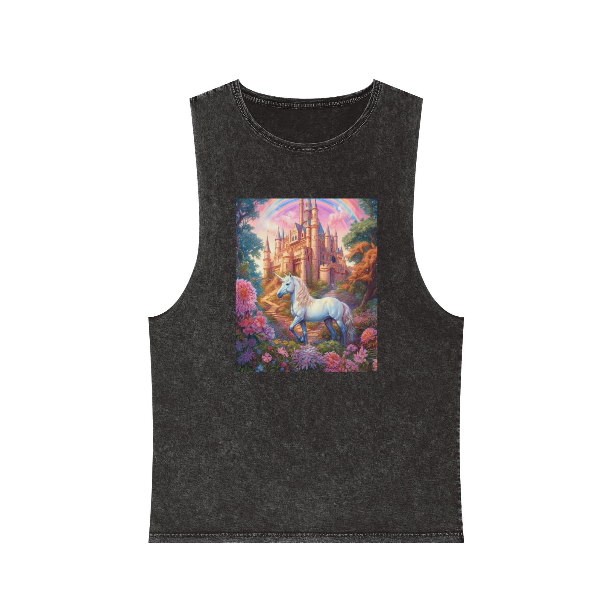 Painting Unicorn Front Castle With Rainbow Generative Ai Unisex Stonewash Tank Top