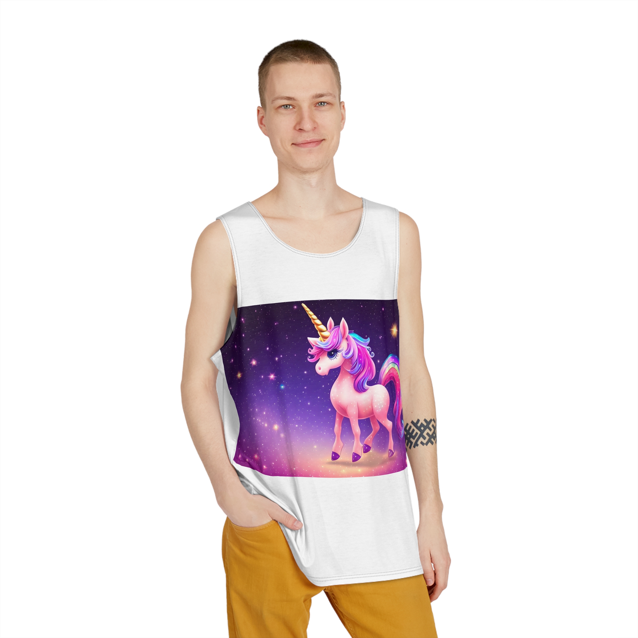 Cute Colorful Magical Adorable Kawaii Unicorn Sparles Violet Background Mens Tank Aop - Image 3