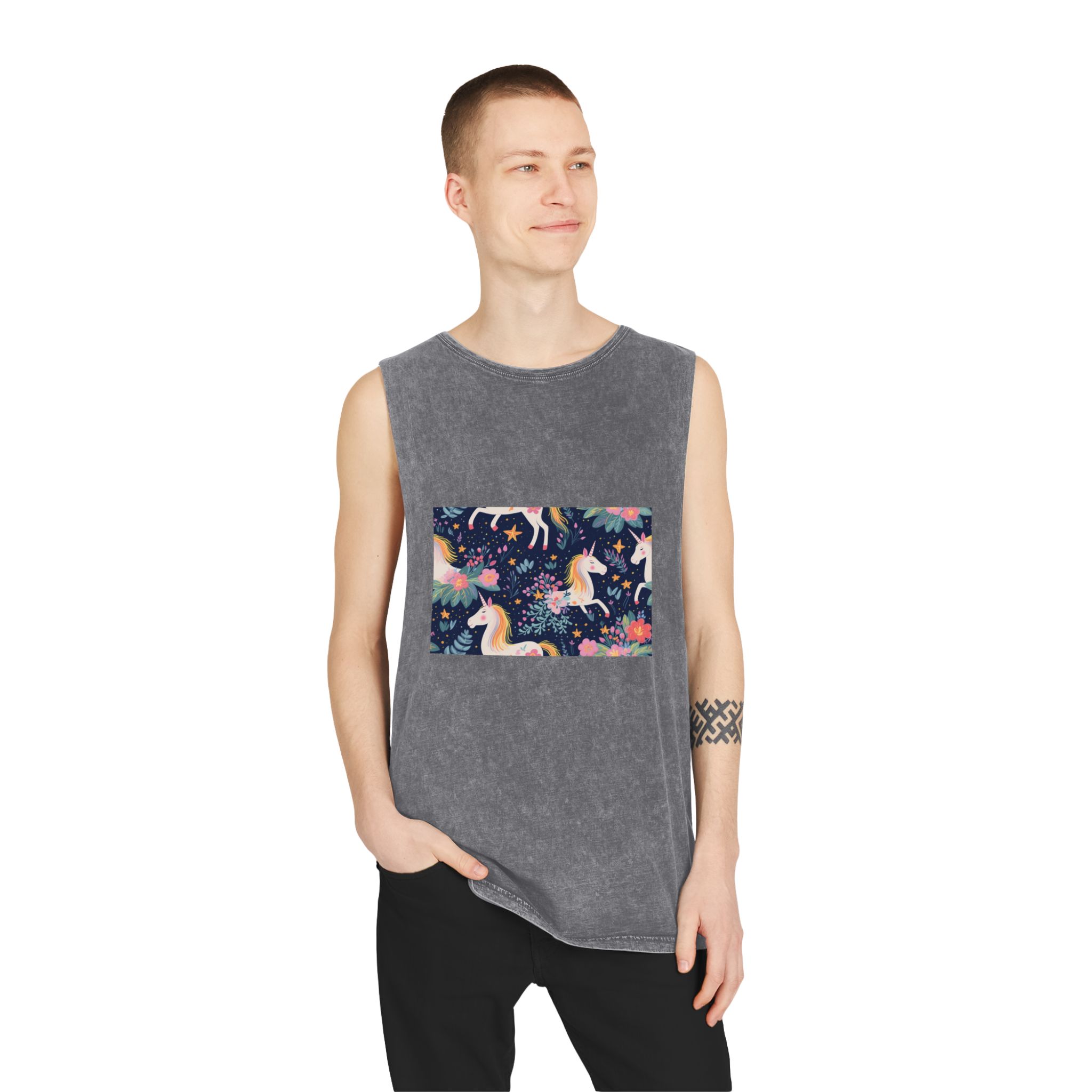 Close Up Pattern Unicorns Flowers Generative Ai Unisex Stonewash Tank Top - Image 11