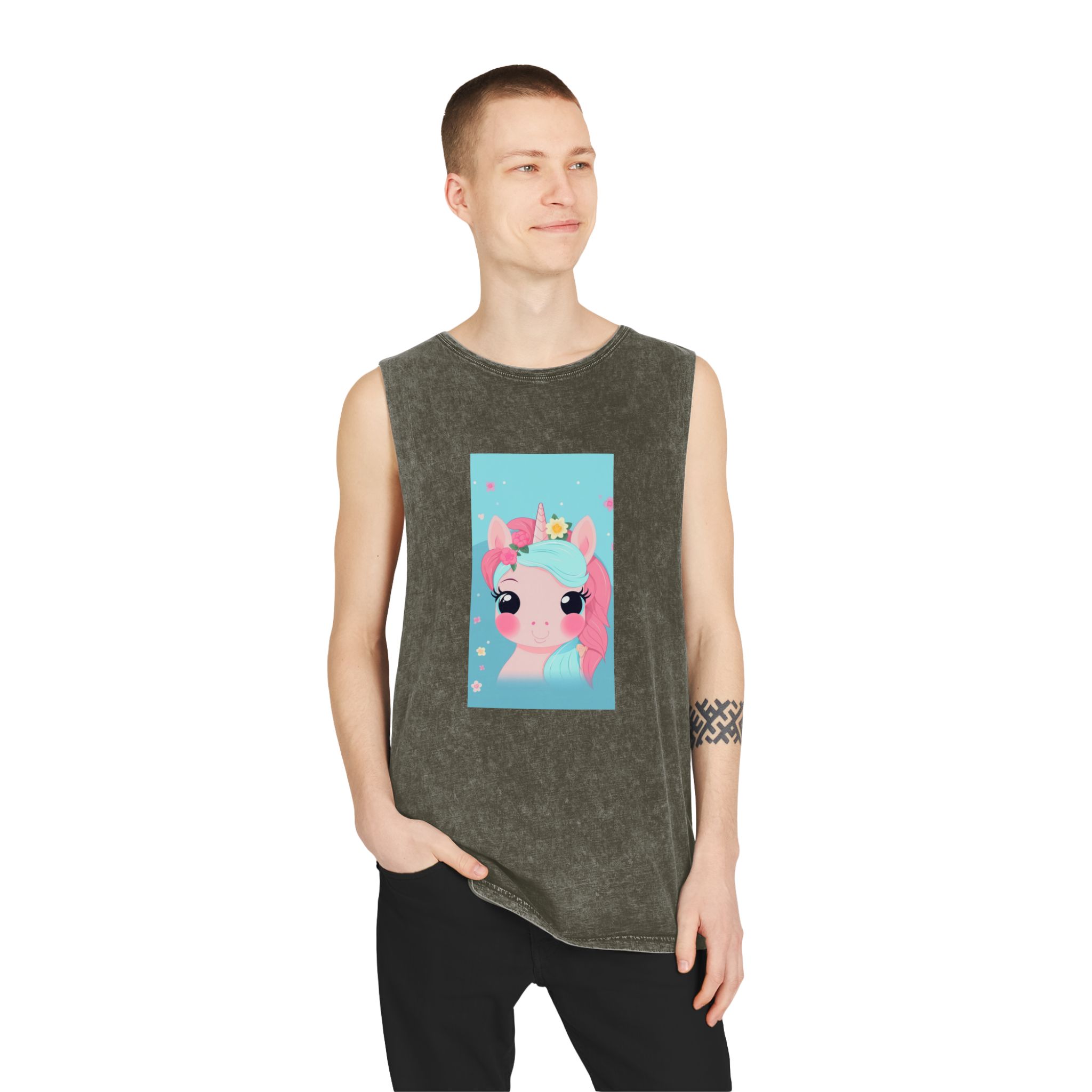 Close Up Cartoon Unicorn With Flower Crown Her Head Generative Ai Unisex Stonewash Tank Top - Image 7