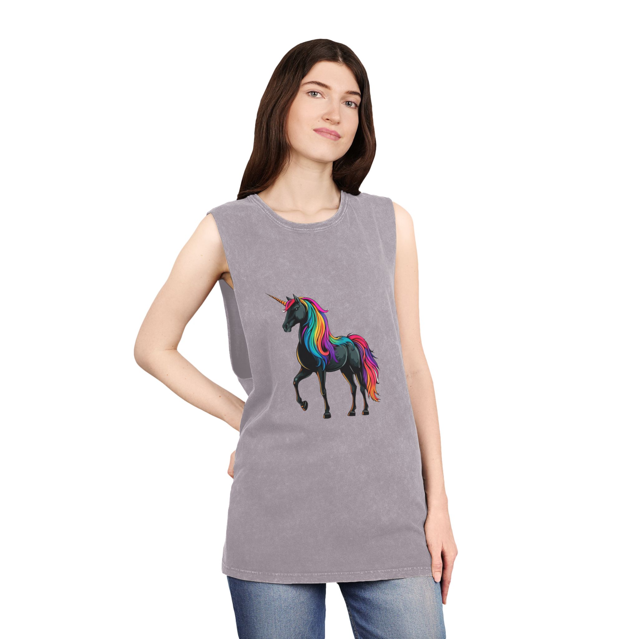 Cartoon Unicorn With Rainbow Mane Horn Generative Ai Unisex Stonewash Tank Top - Image 20