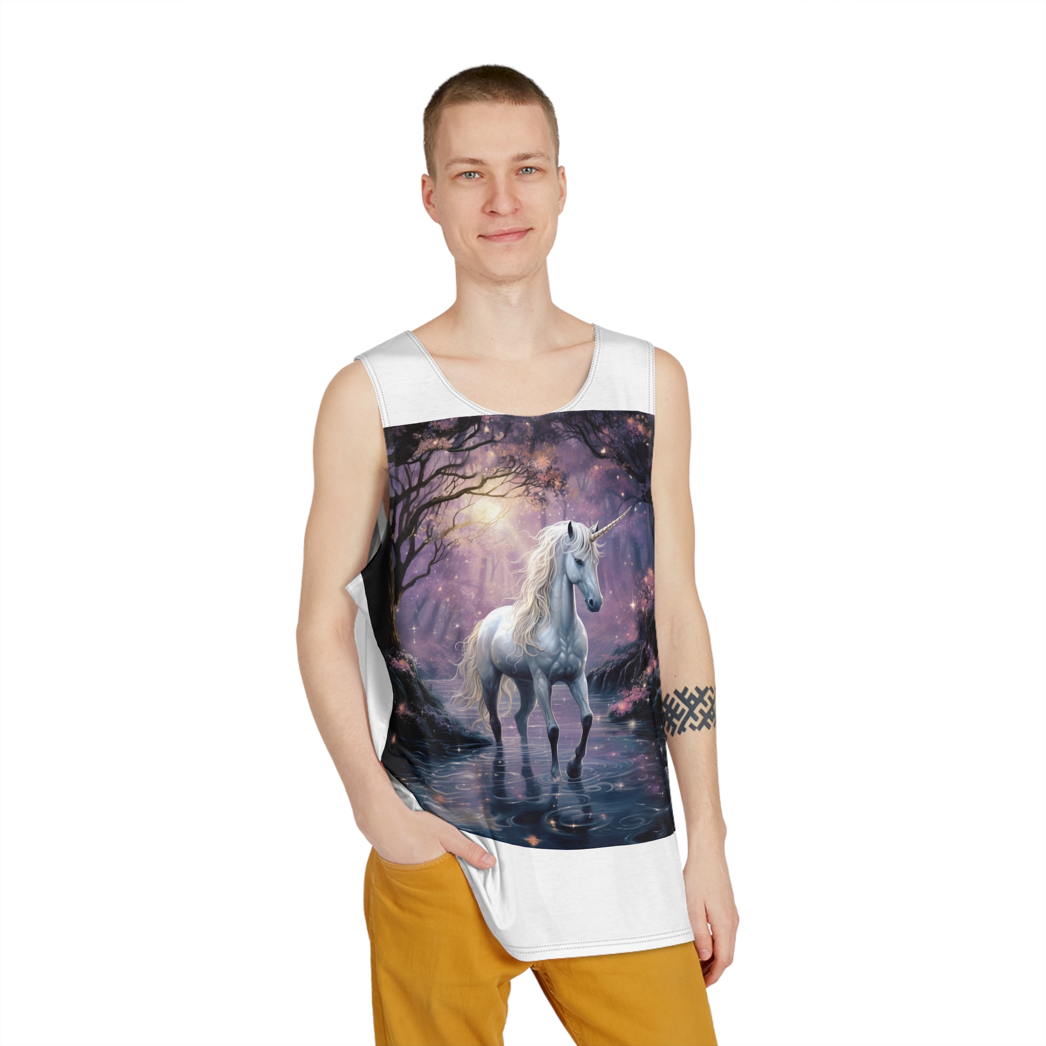 Unicorn Forest With Stream Water Trees Generative Ai Mens Tank Aop - Image 3