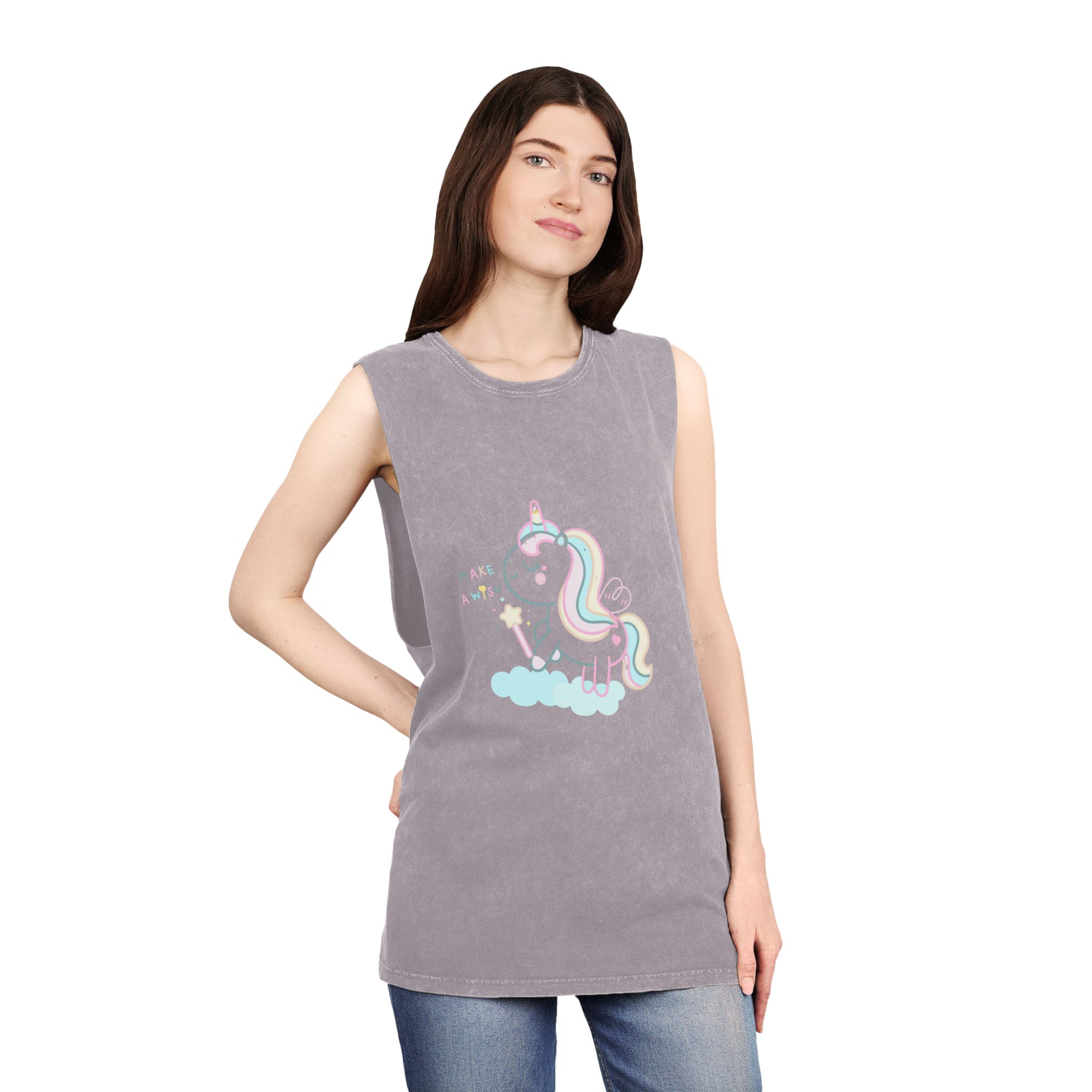 Cute Unicorn Pastel Holding Magic Wand Unisex Stonewash Tank Top - Image 20