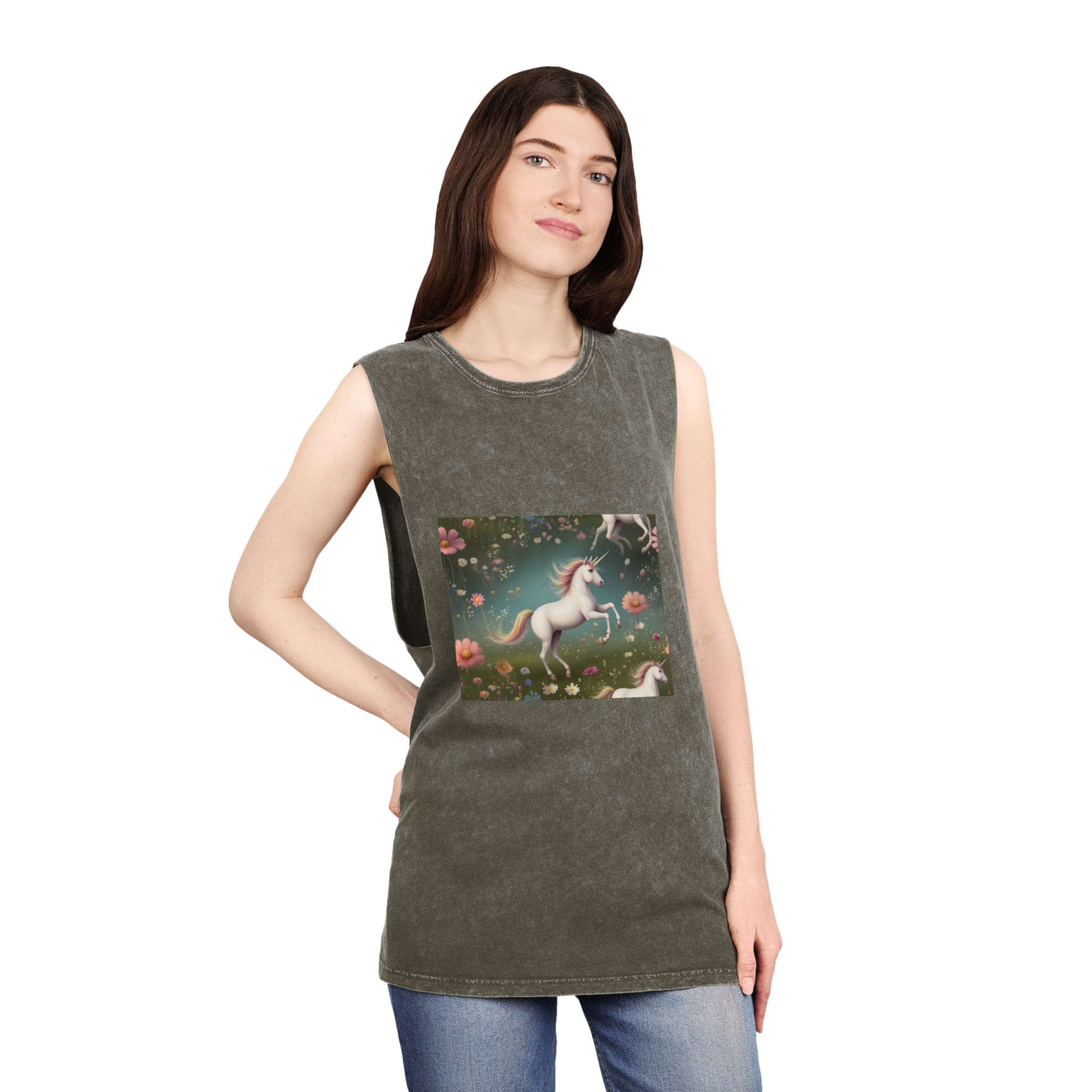 Beautiful Unicorn Running Magical Meadow Unicorn Background Images Whimsical Unicorn (13) Unisex Stonewash Tank Top - Image 8