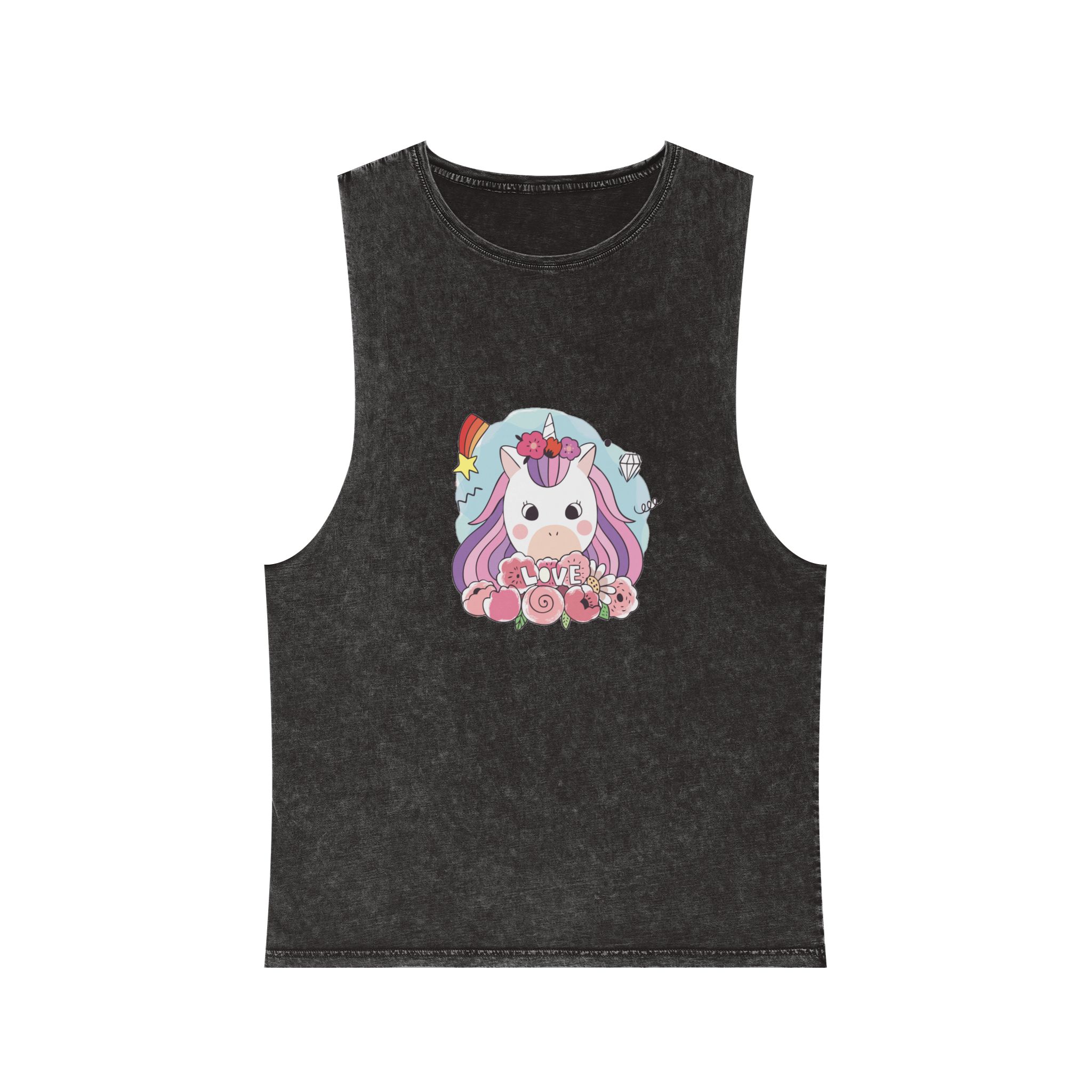 Cartoon Cute Sweet Unicorns Flower Unisex Stonewash Tank Top