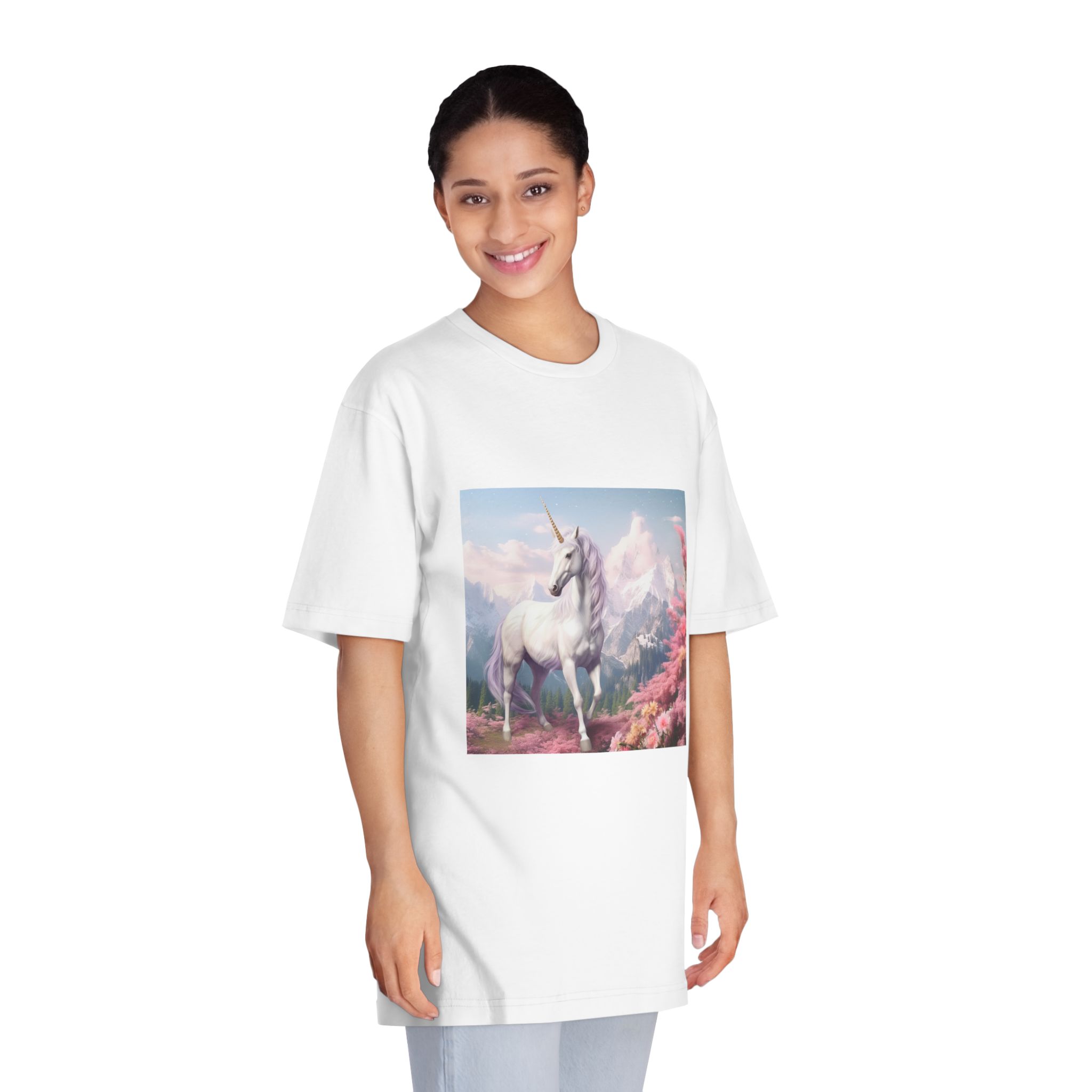 Unicorn Standing Field Flowers With Mountains Background Generative Ai Unisex Classic Crewneck T Shirt - Image 3