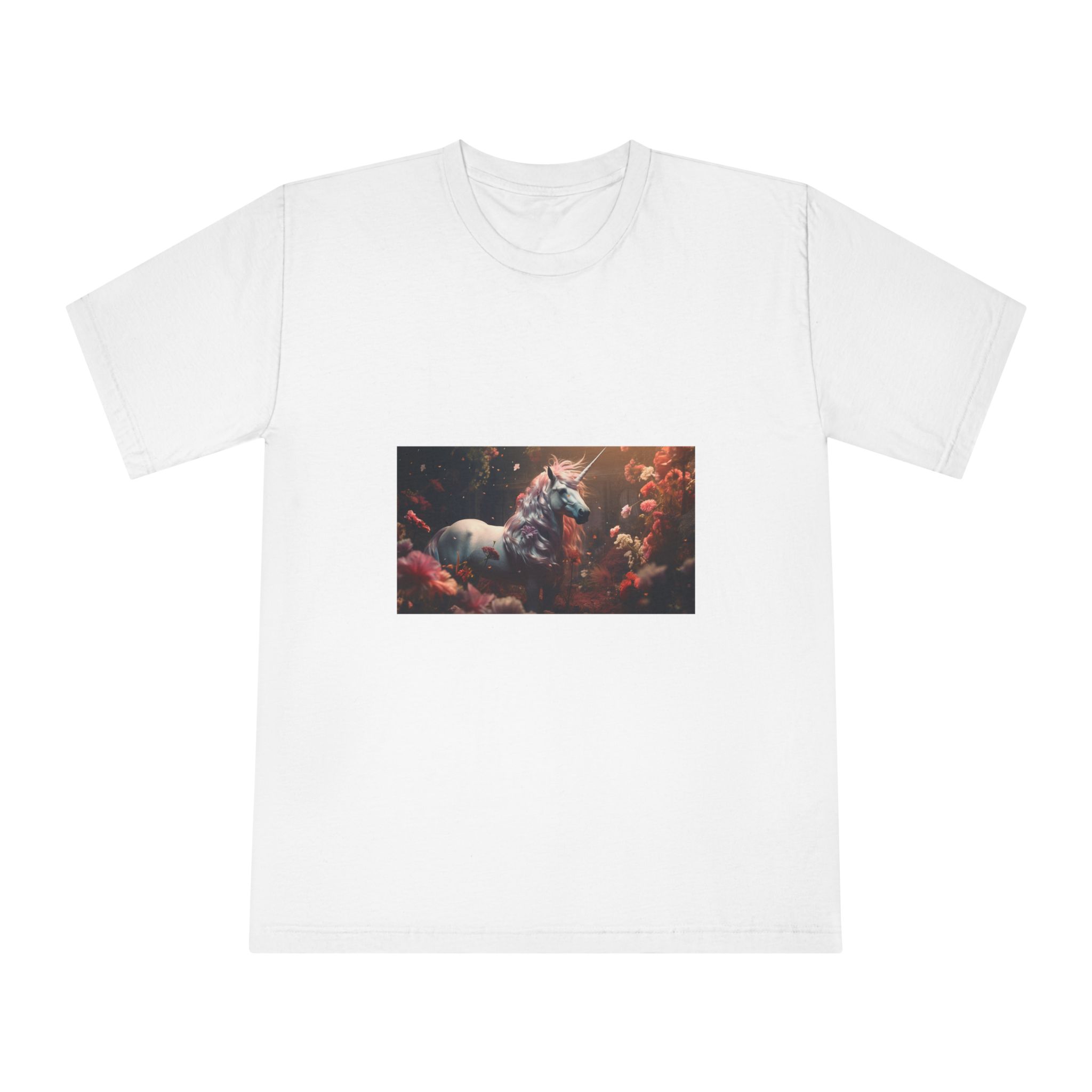 Unicorn With Long Mane Standing Field Flowers Generative Ai Unisex Classic Crewneck T Shirt