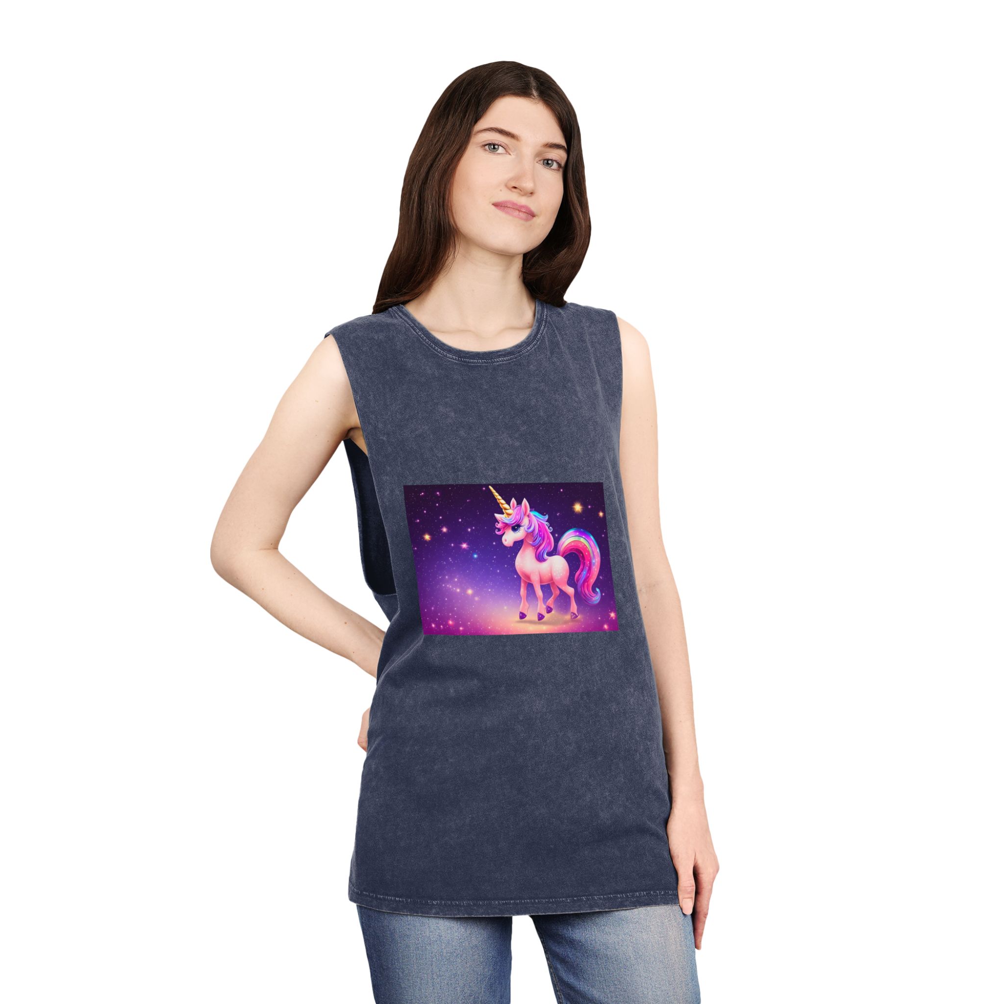 Cute Colorful Magical Adorable Kawaii Unicorn Sparles Violet Background Unisex Stonewash Tank Top - Image 16