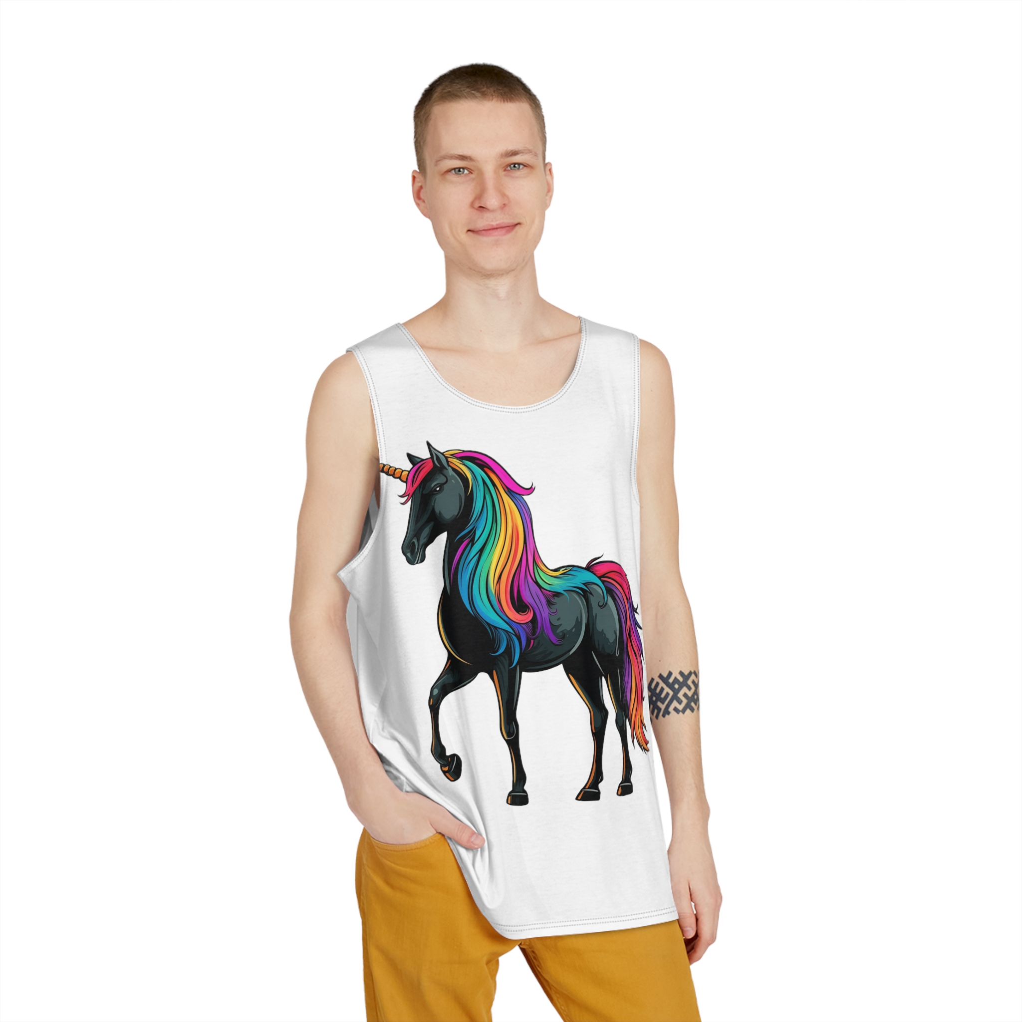 Cartoon Unicorn With Rainbow Mane Horn Generative Ai Mens Tank Aop - Image 3