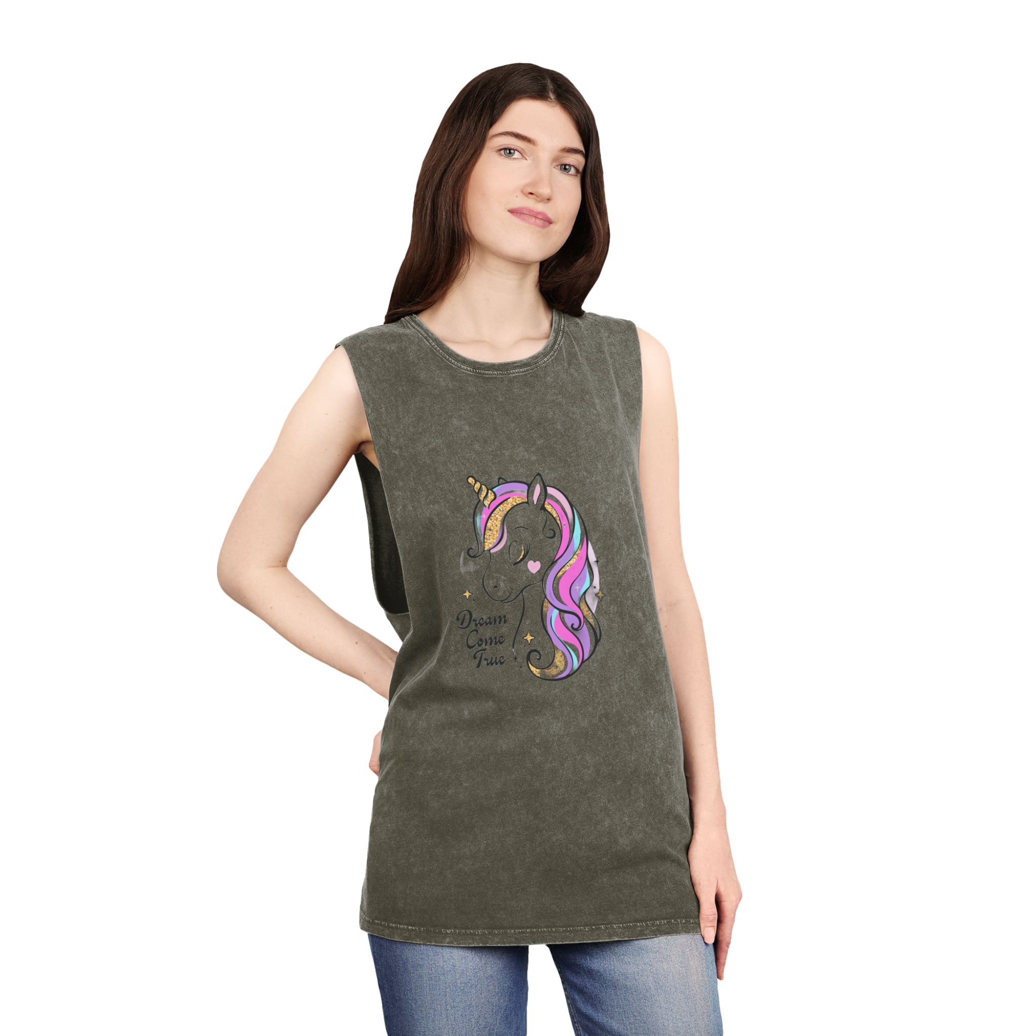 Art Beautiful Cartoon Little Unicorn On A White Background Sequins Print For Clothes and T Shirts Vector Illustration Fan T Shirt Design Vector Print Unisex Stonewash Tank Top - Image 8