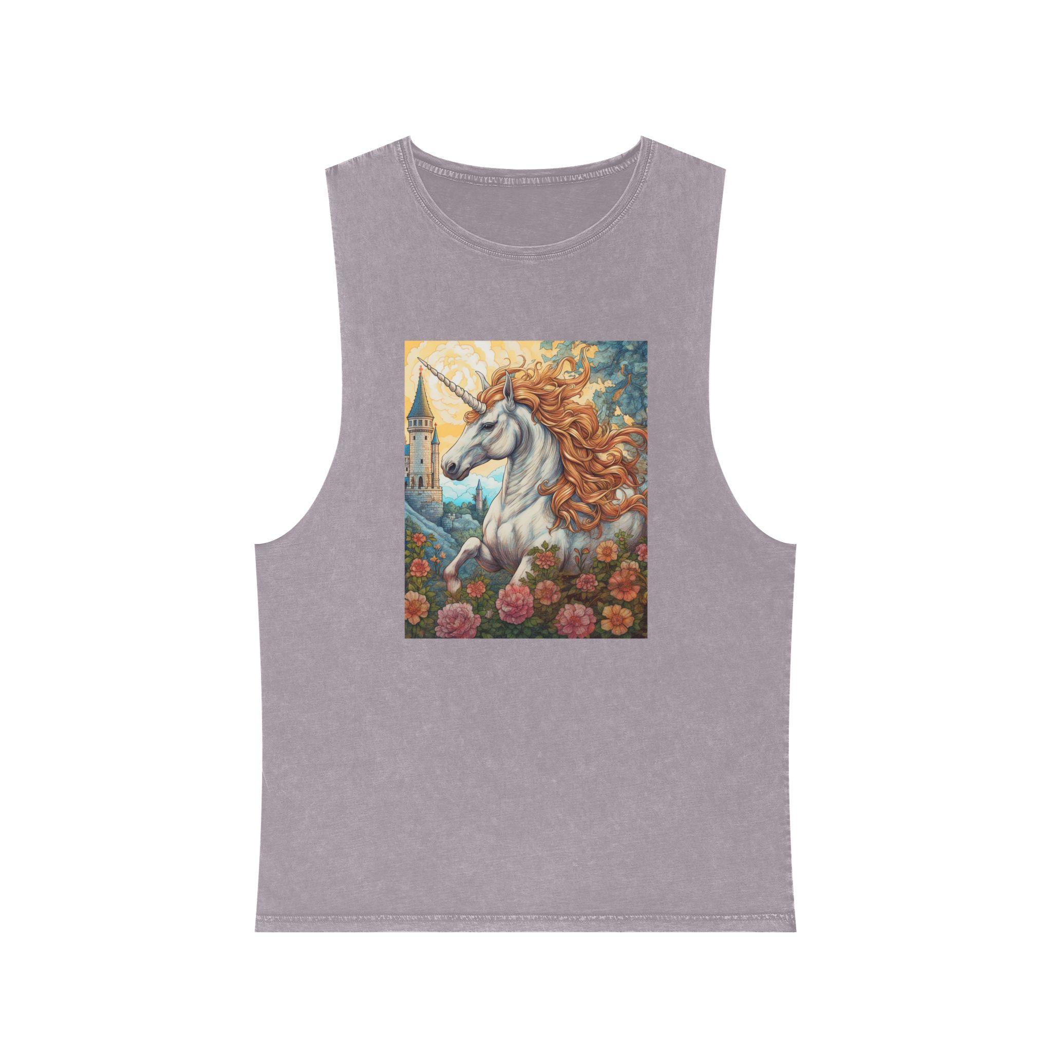 Painting Unicorn With Long Mane Castle Background Generative Ai Unisex Stonewash Tank Top - Image 17