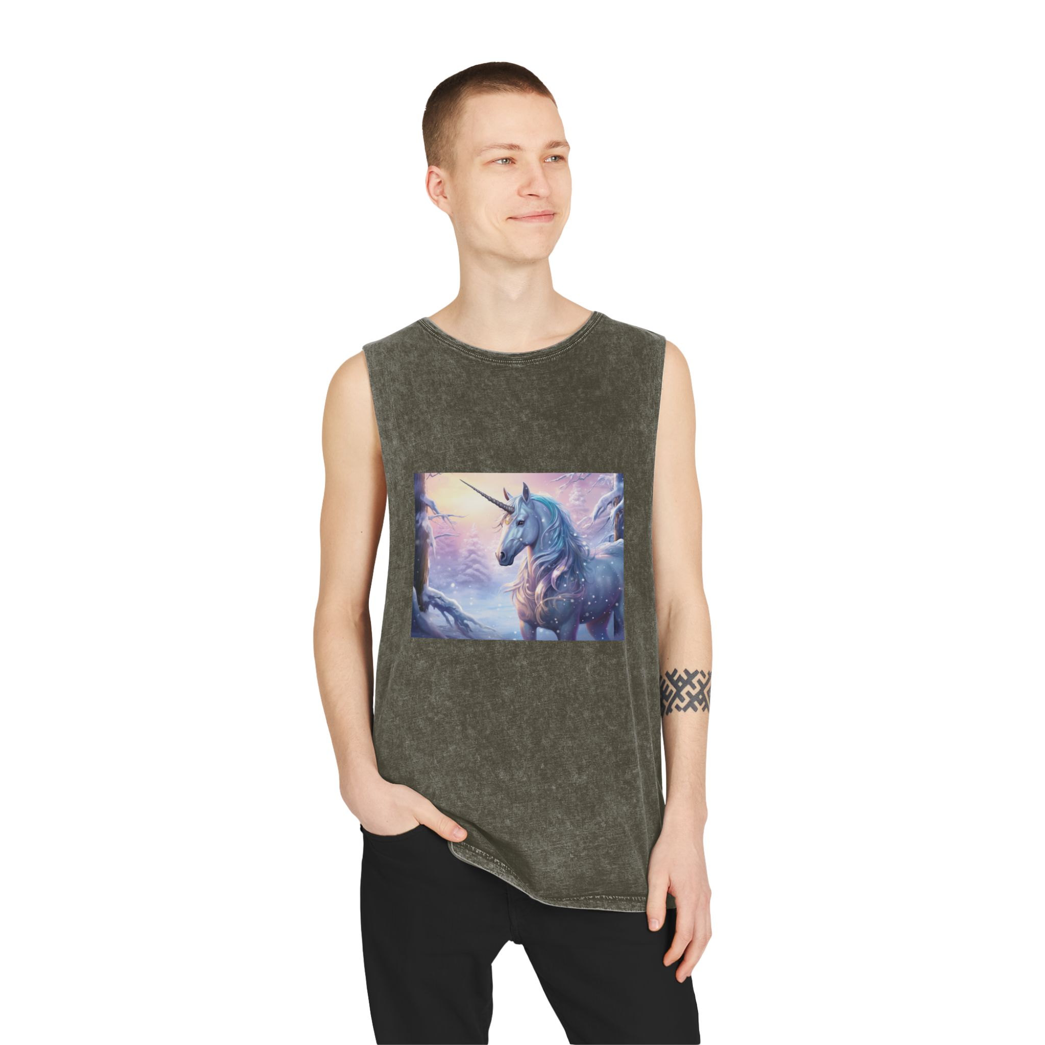 Unicorn Snow With Pink Sky Background Generative Ai Unisex Stonewash Tank Top - Image 7