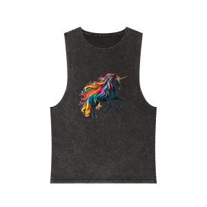 Close Up Black Unicorn With Rainbow Mane Generative Ai Unisex Stonewash Tank Top