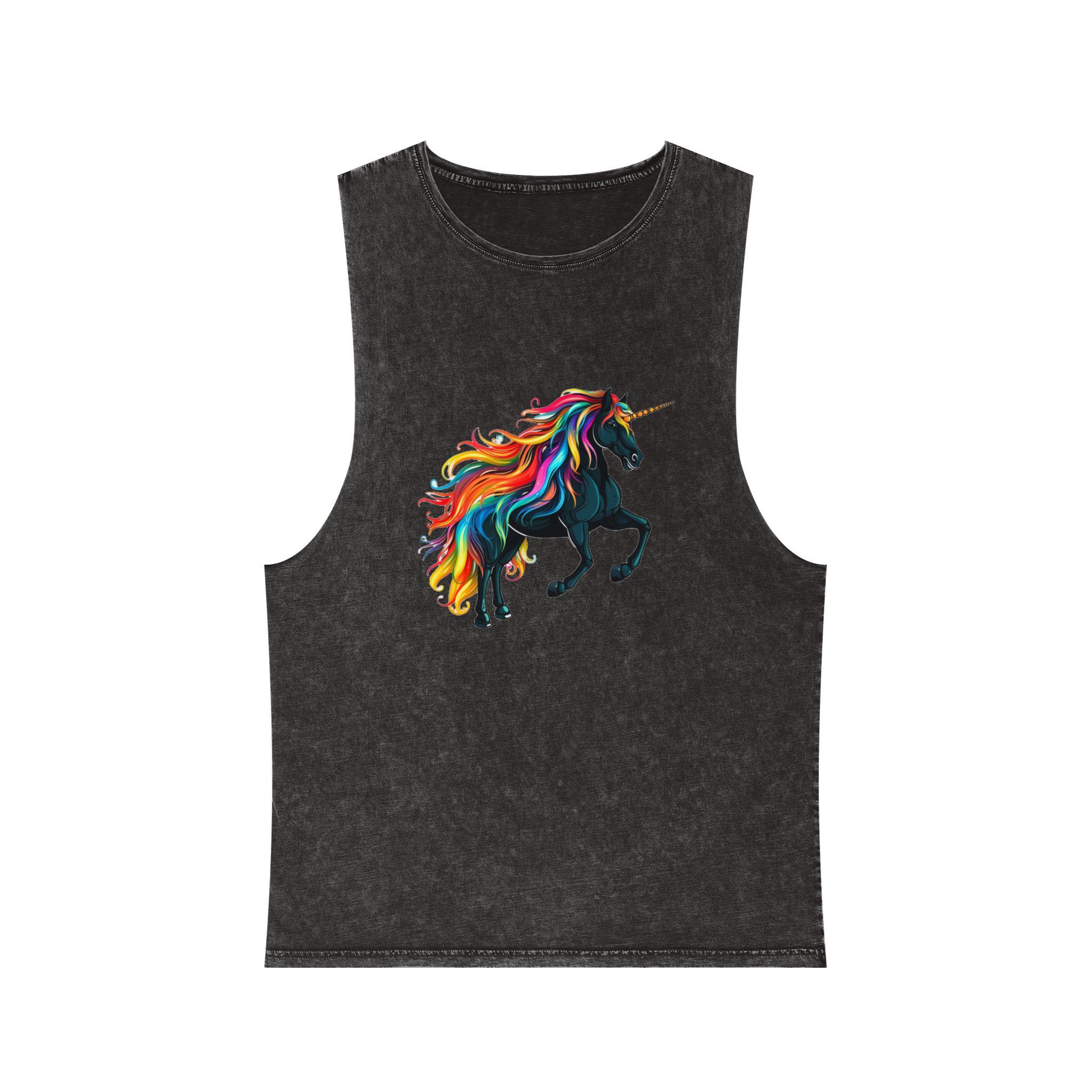 Close Up Black Unicorn With Rainbow Mane Generative Ai Unisex Stonewash Tank Top