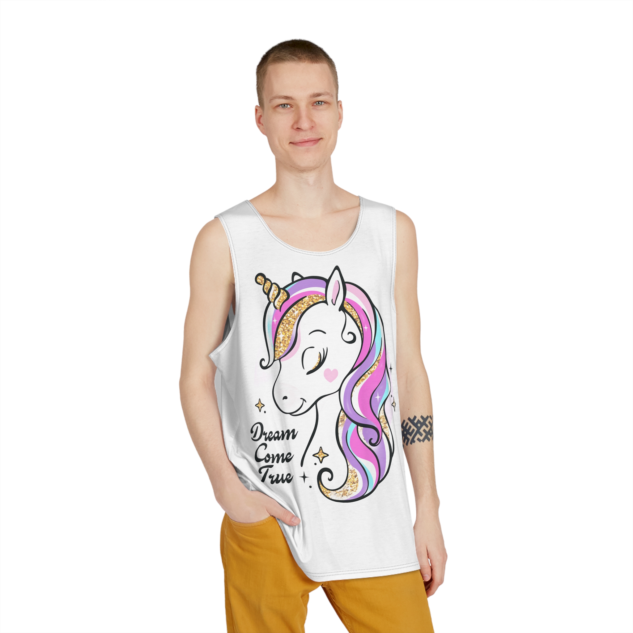 Art Beautiful Cartoon Little Unicorn On A White Background Sequins Print For Clothes and T Shirts Vector Illustration Fan T Shirt Design Vector Print Mens Tank Aop - Image 3