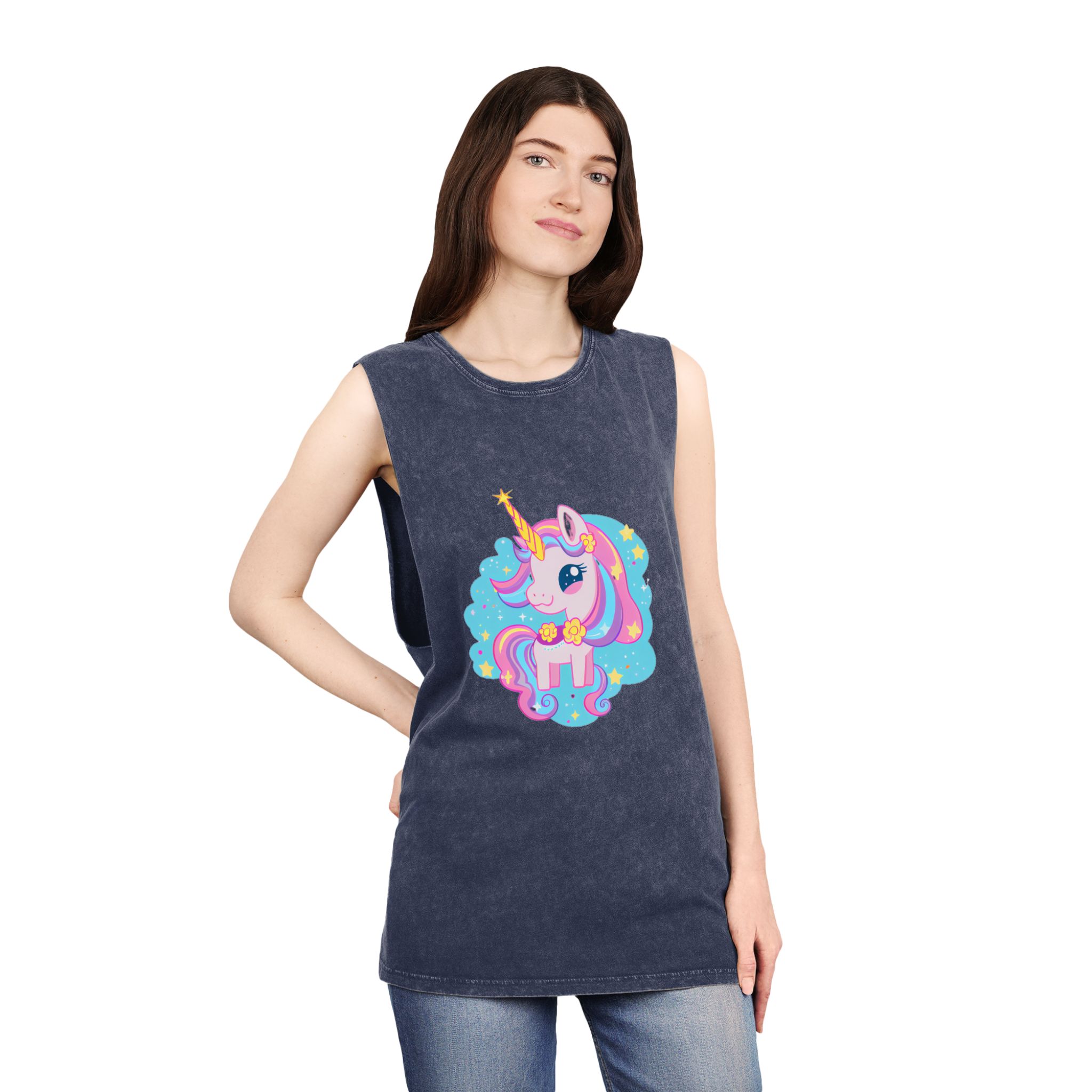 There Is Cartoon Unicorn With Bow Tie Stars Generative Ai Unisex Stonewash Tank Top - Image 16