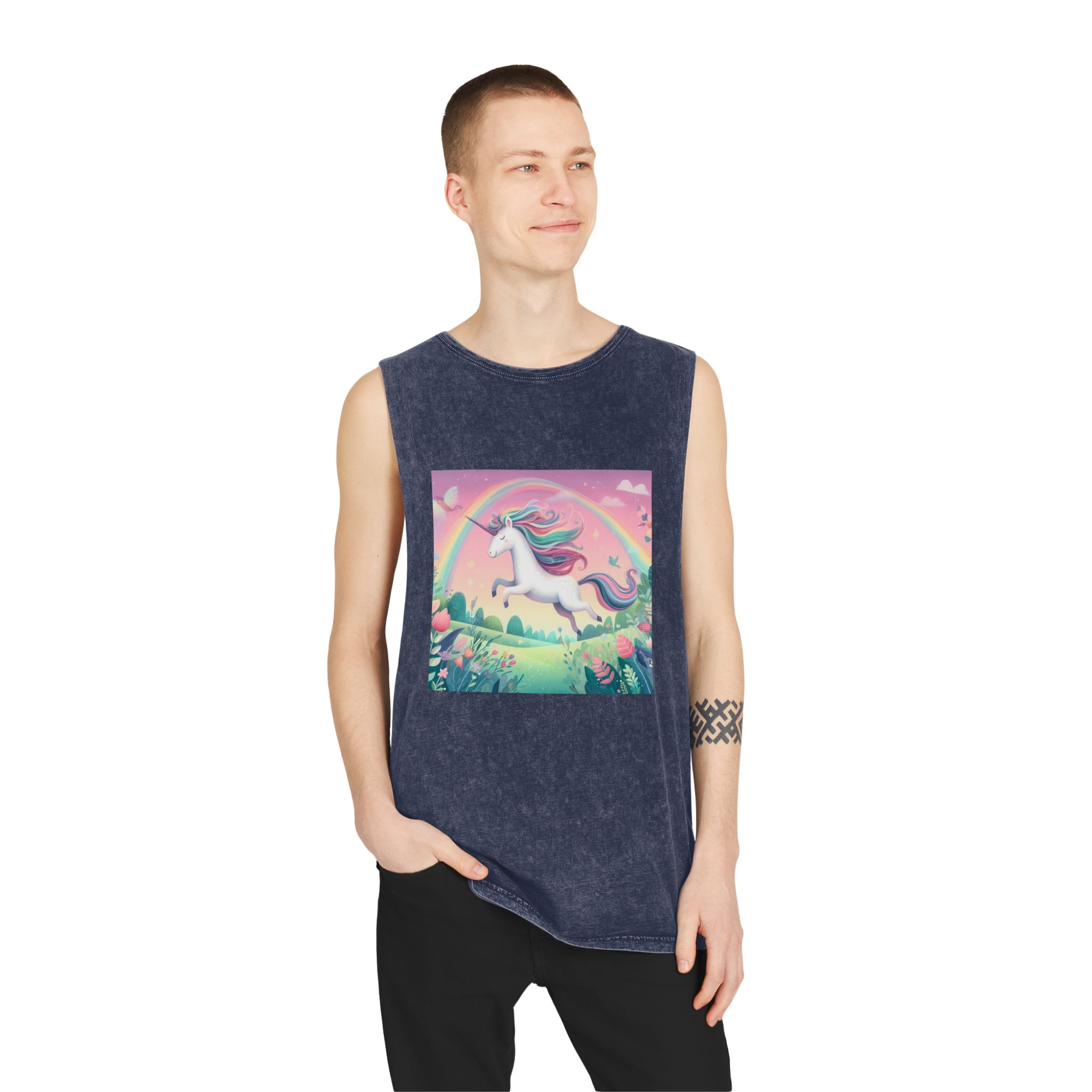 Beautiful Unicorn Running Magical Meadow Unicorn Background Images Whimsical Unicorn (9) Unisex Stonewash Tank Top - Image 15