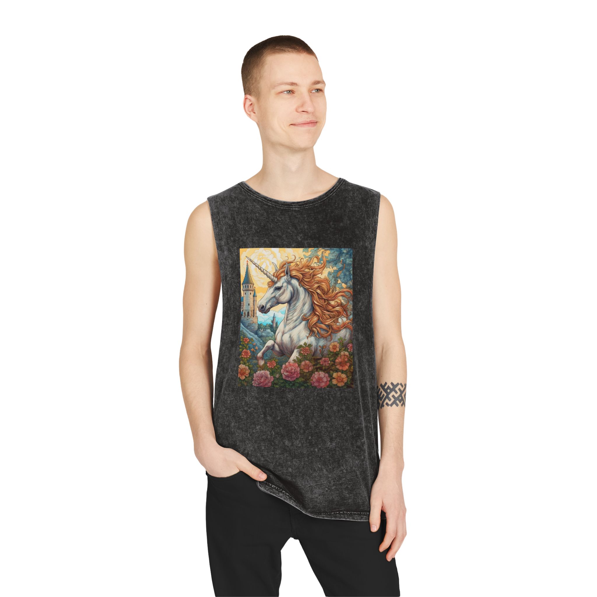 Painting Unicorn With Long Mane Castle Background Generative Ai Unisex Stonewash Tank Top - Image 3