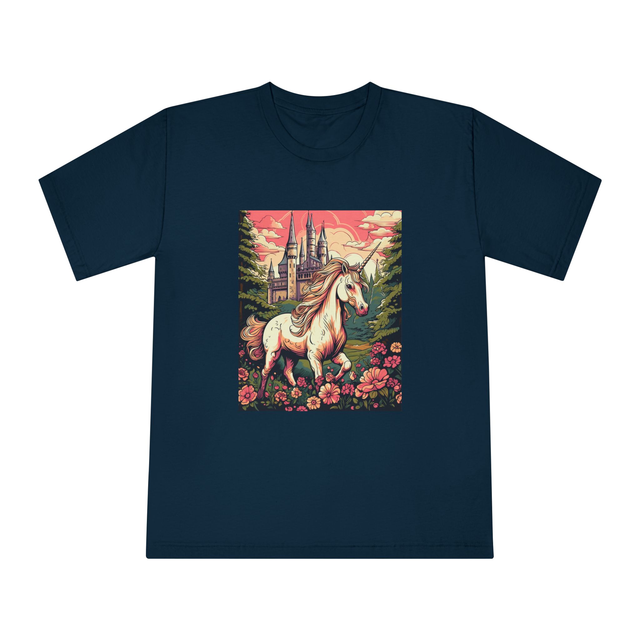 Unicorn Front Castle With Flowers Trees Generative Ai Unisex Classic Crewneck T Shirt - Image 17