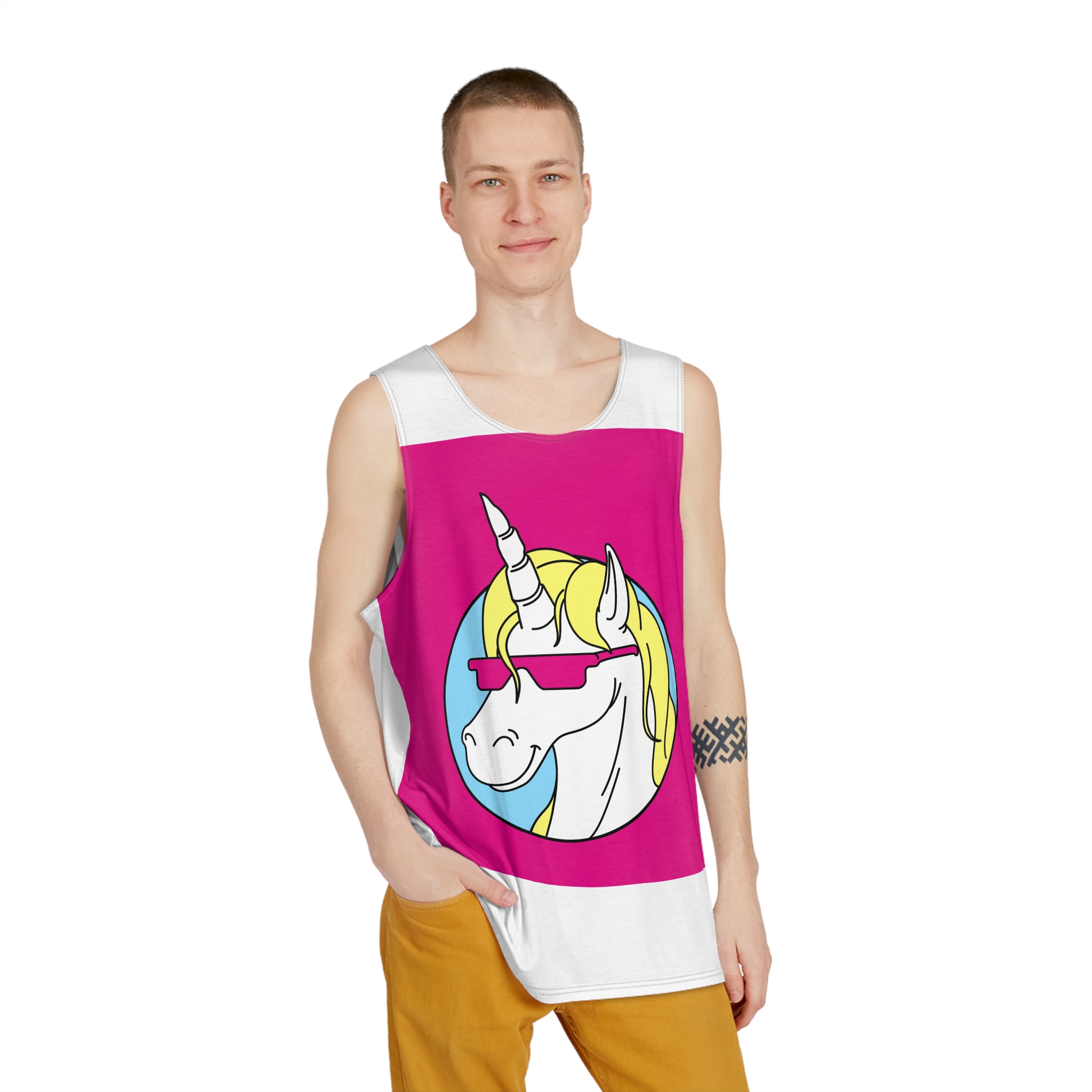 Retro Emblem of Unicorn Wearning A Glasses Mens Tank Aop - Image 3