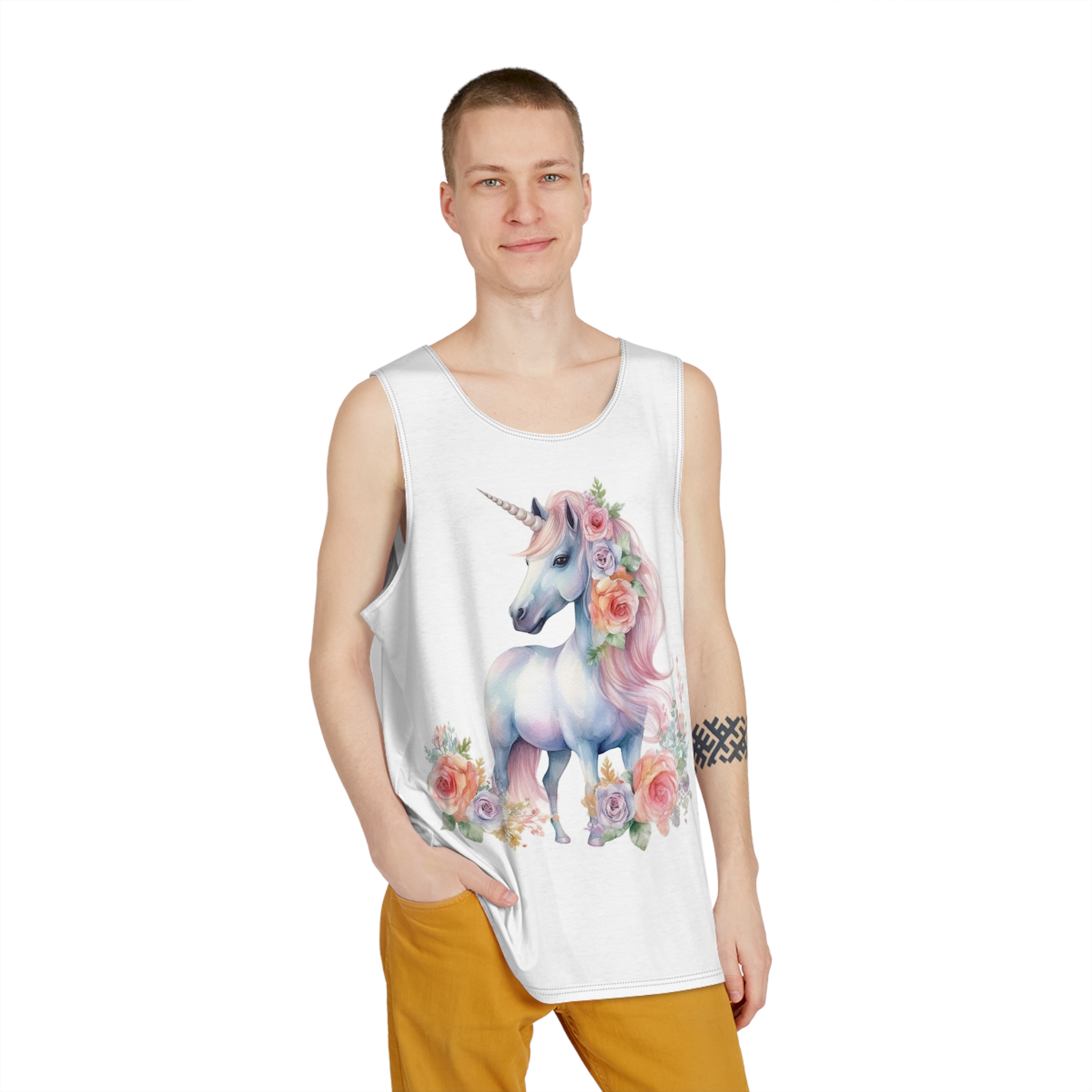 There Is Unicorn With Long Mane Flowers It Generative Ai Mens Tank Aop - Image 3