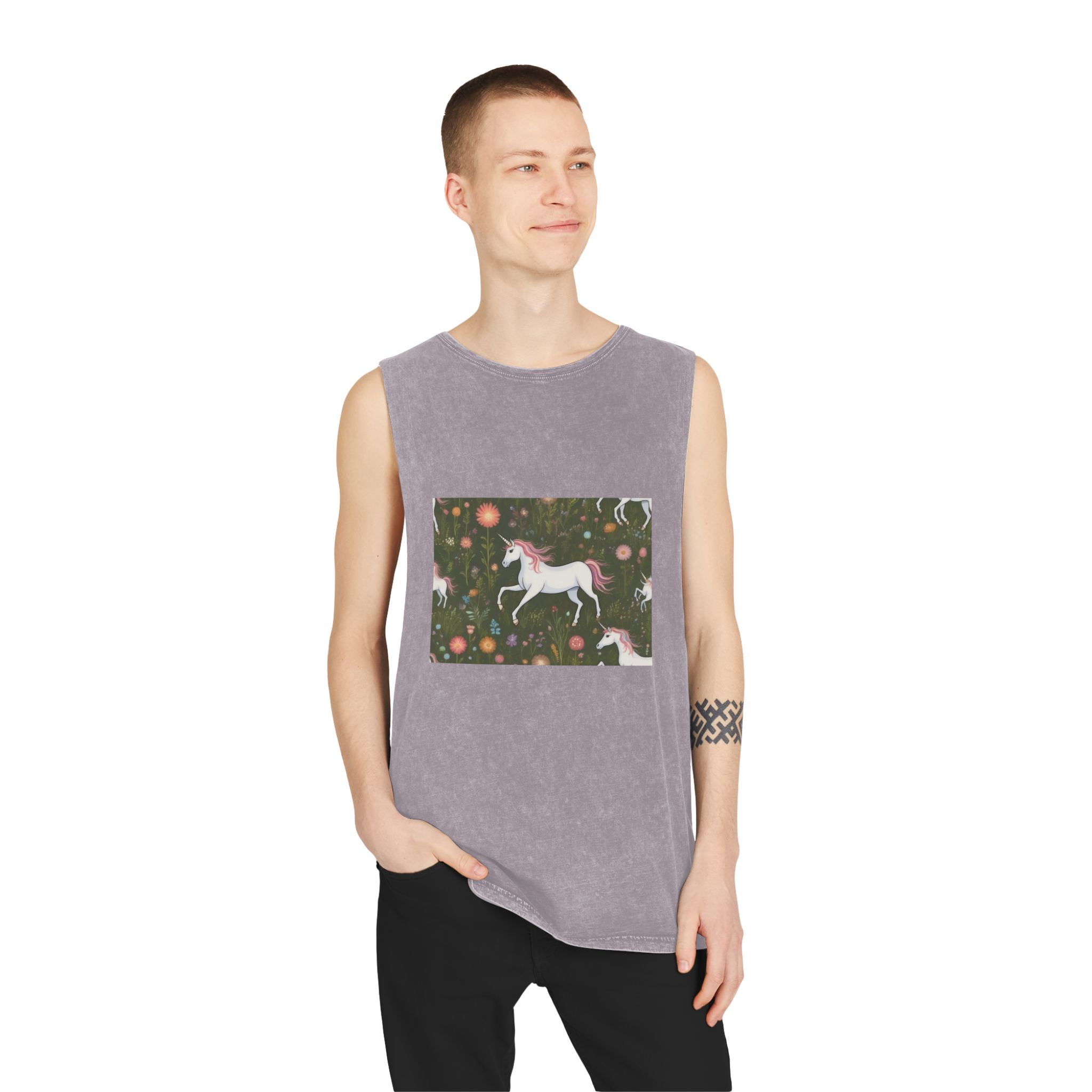 Beautiful Unicorn Running Magical Meadow Unicorn Background Images Whimsical Unicorn (56) Unisex Stonewash Tank Top - Image 19