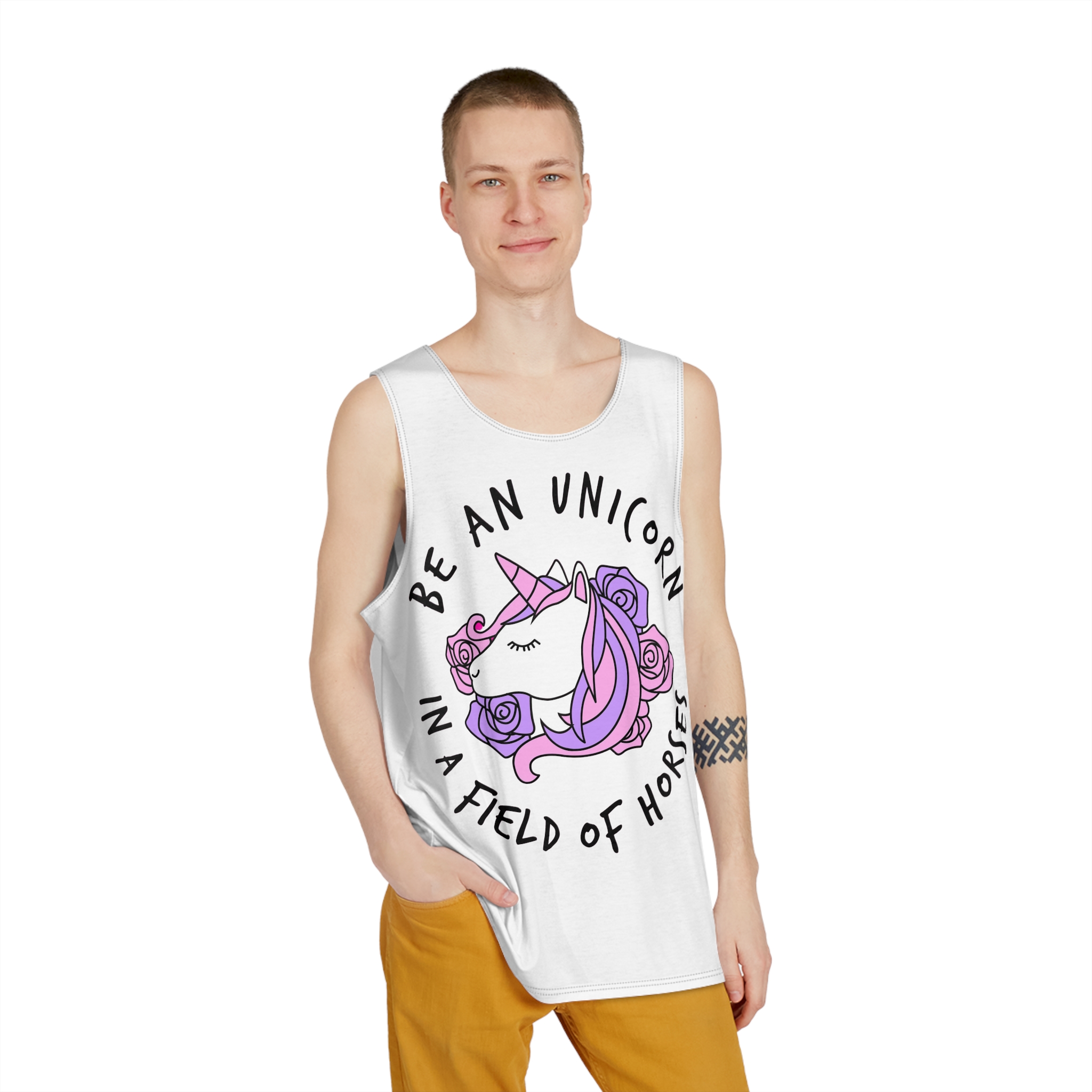 Cute Girly Unicorn With Flowers Motivational Quote Mens Tank Aop - Image 3